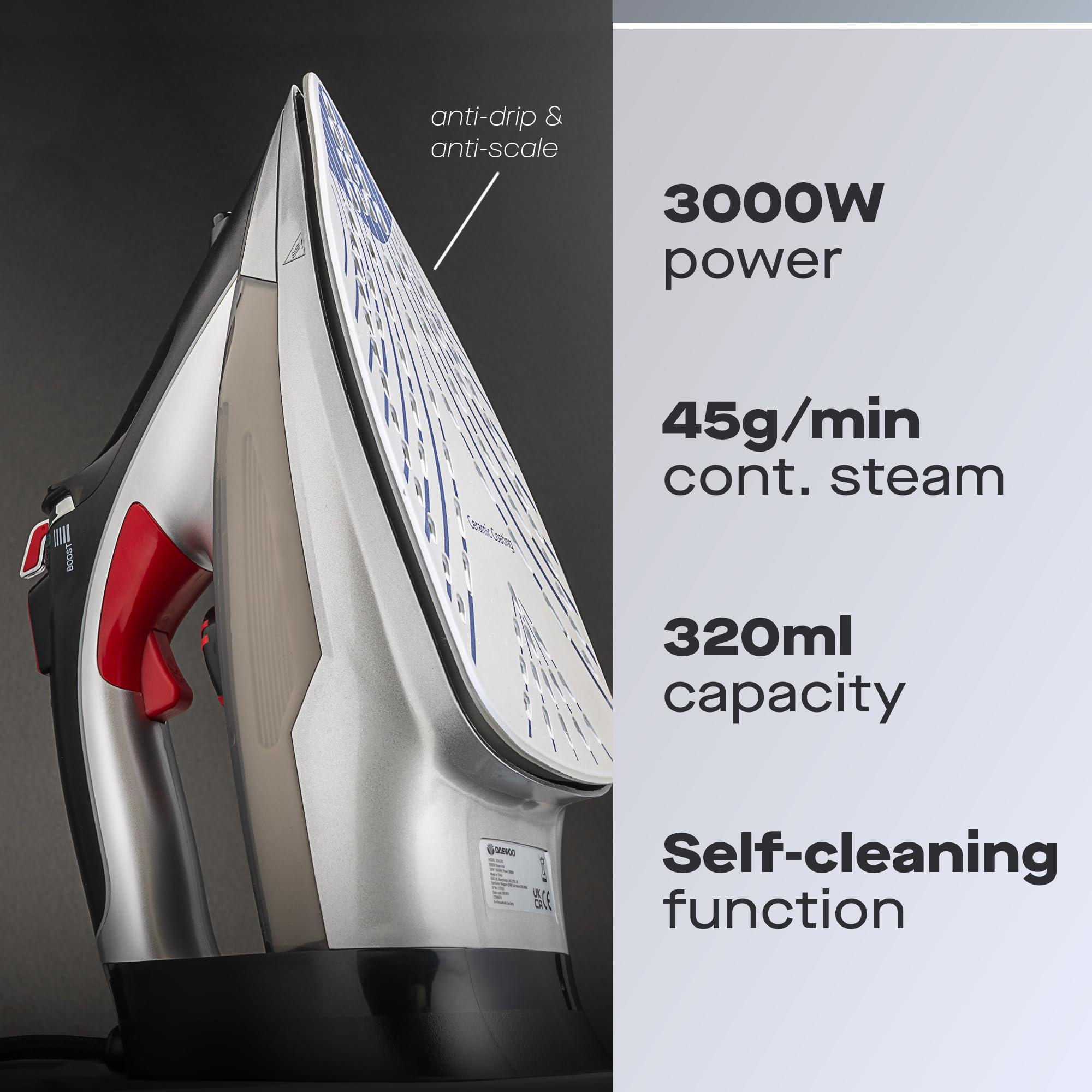 Daewoo Glide Iron, The Power Glide, 3000W Steam Iron With Ceramic Soleplate, High Burst Steam And Precision Tip, Adjustable Temperature Dial And Self Clean Function With Anti Calcium Function, Black