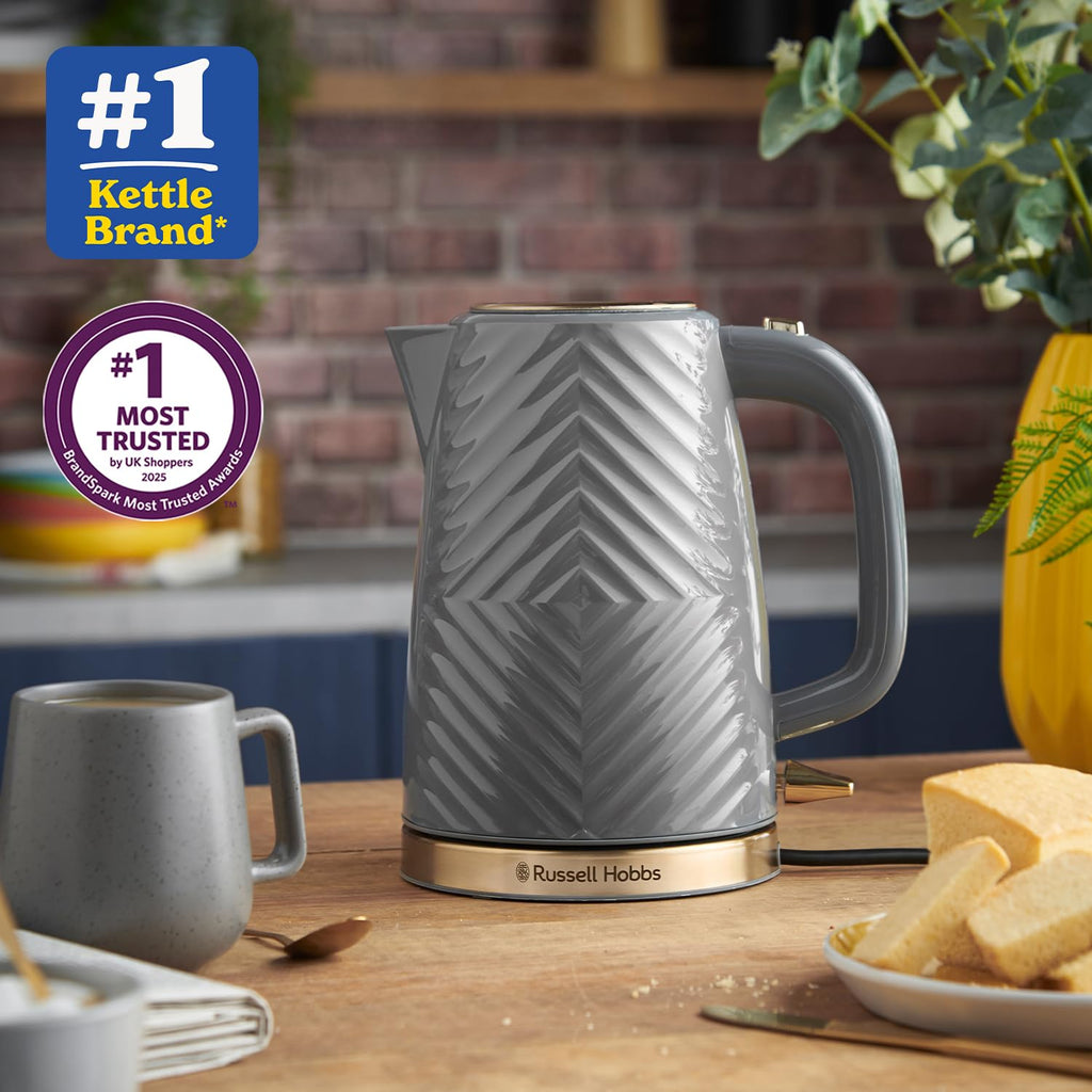 Russell Hobbs Groove Electric 1.7L Cordless Kettle (Fast Boil 3KW, Grey textured plastic with brushed gold accents, Removable washable anti-scale filter, Push to open lid, Perfect pour spout) 26382