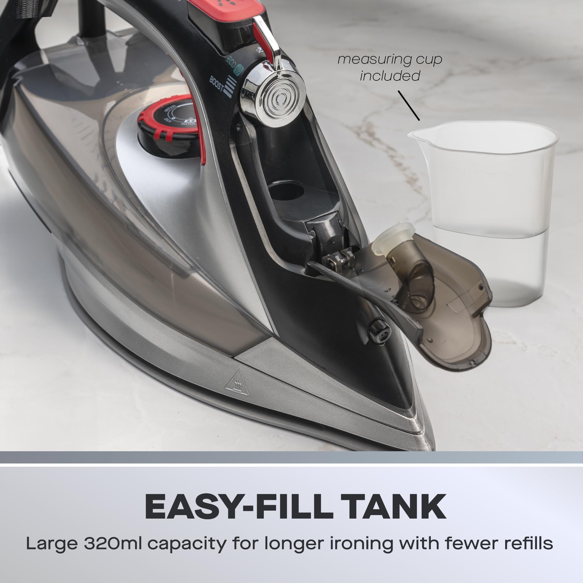 Daewoo Glide Iron, The Ultra Glide, 2600W Steam Iron With Ceramic Soleplate, High Burst Steam And Precision Tip With An Adjustable Temperature Dial And Self Clean Function, Red And Black