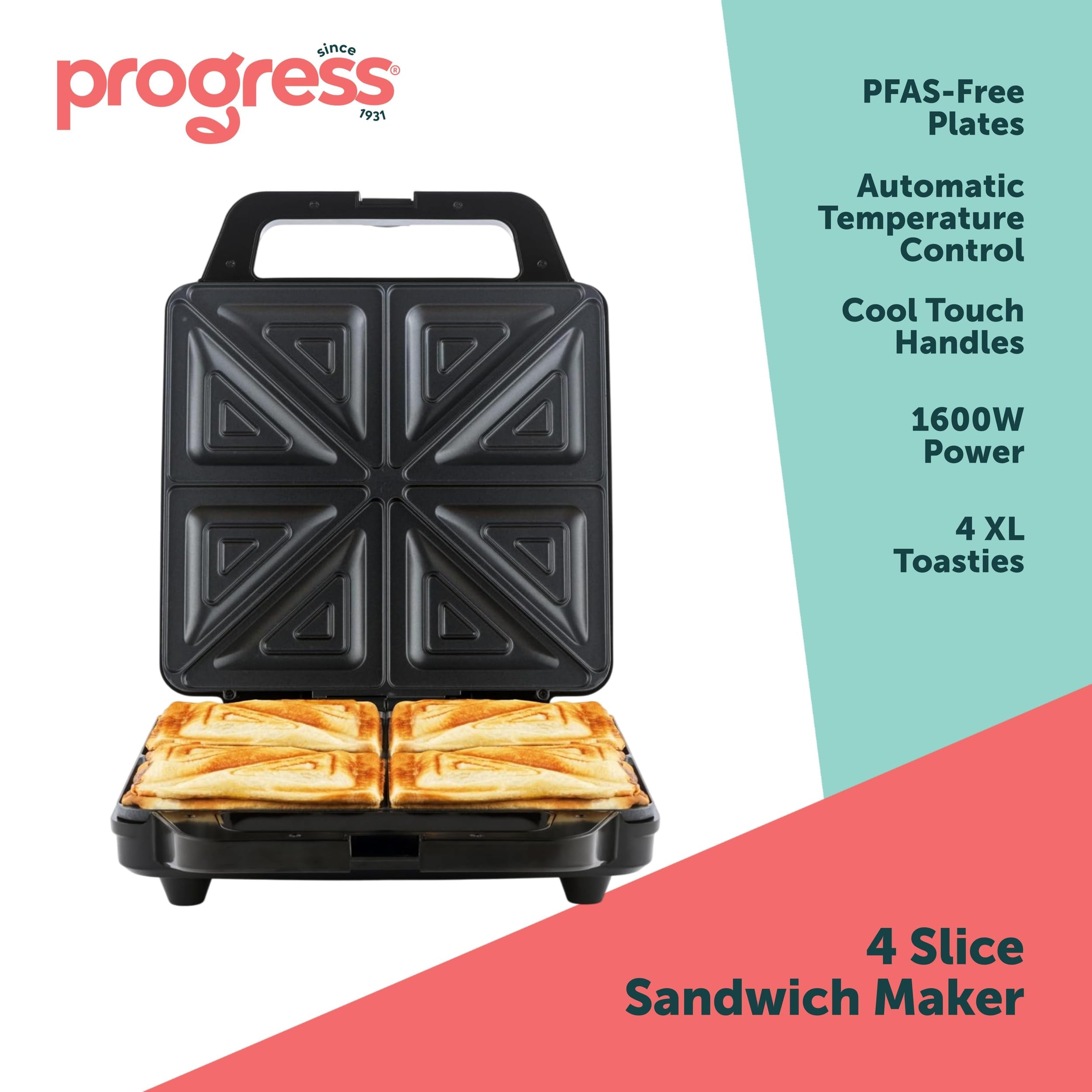 Progress EK5852P Double Waffle Maker – Electric Dessert Maker, Non-Stick Cooking Plates, Belgian/American Waffle Iron, Automatic Temperature Control, Carry Handle, Power/Ready Indicator Lights, 750W