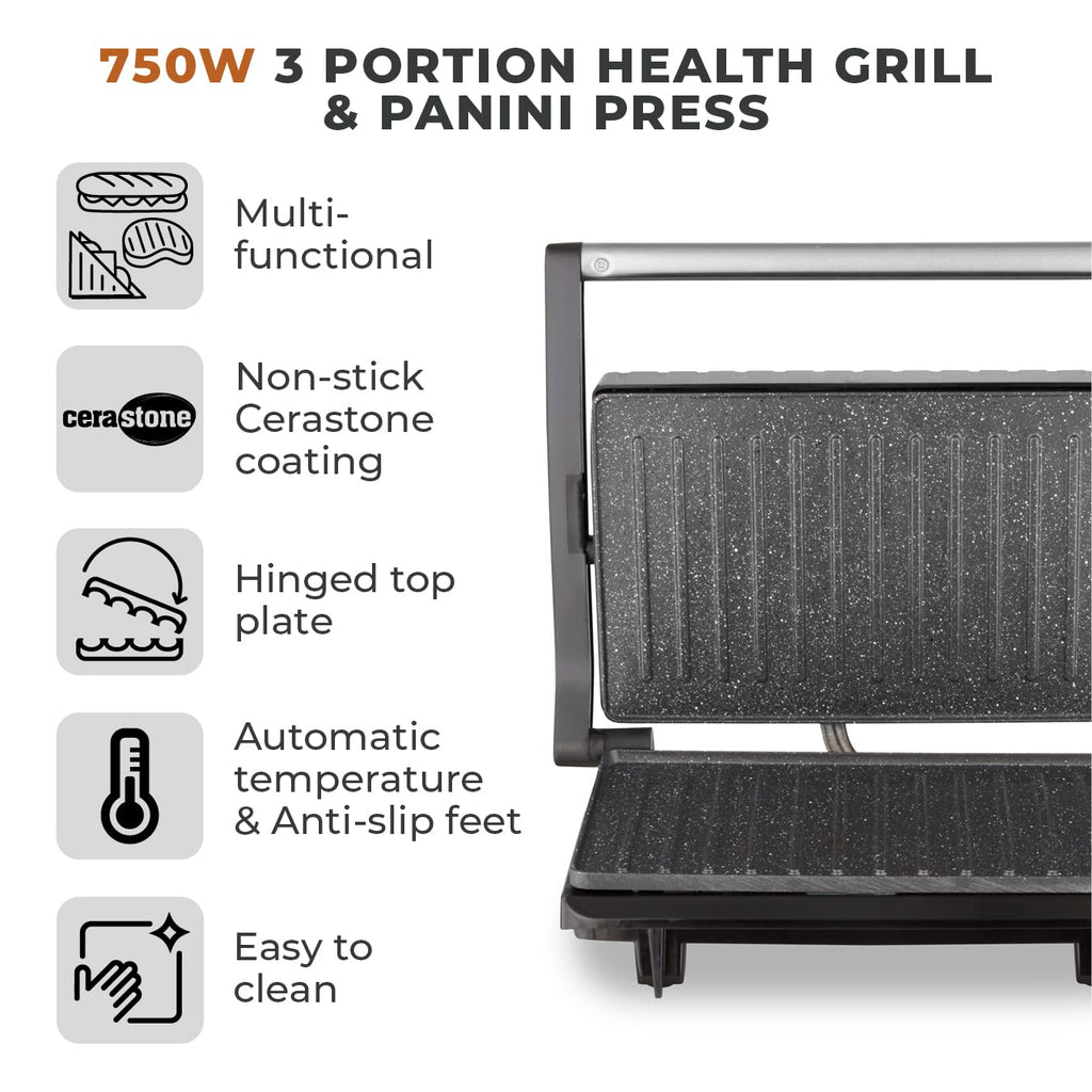 Tower T27038 Health Grill and Panini Grill with Non-Stick Cerastone Coating, 750W, Black & Stainless Steel