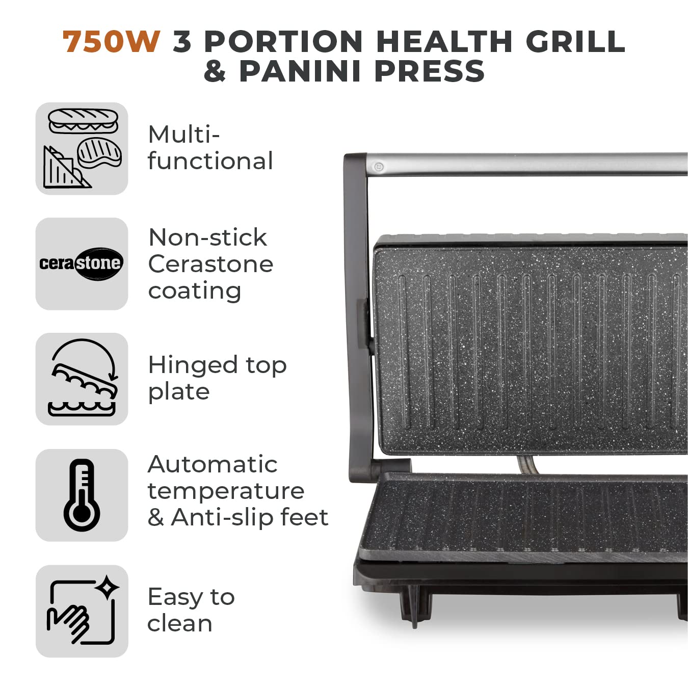 Tower T27038 Health Grill and Panini Grill with Non-Stick Cerastone Coating, 750W, Black & Stainless Steel