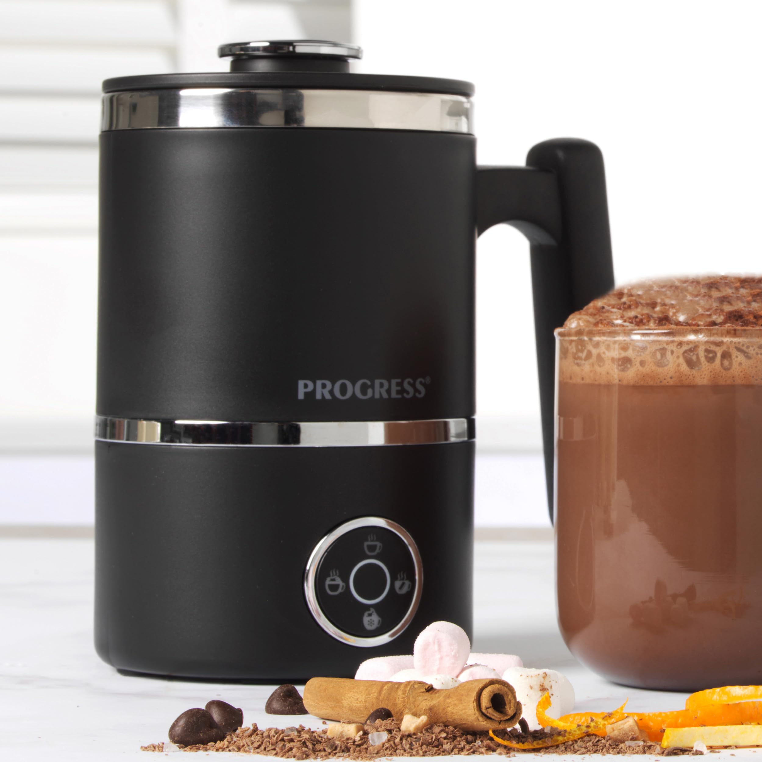Progress EK5133P Automatic Milk Frother – Chocoluxe 4-in-1 Hot Chocolate Maker, 300ml/150ml, Hot & Cold Milk Heater & Foamer, Melt Chocolate Flakes, Built-in Frothing Whisk for Cafe Latte, Cappuccino