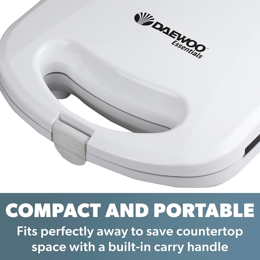 Daewoo Essentials 2 Slice Sandwich Toaster Deep Fill, Non-stick Toasting Plates, Built In Handle With Locking Clip, Indicator Light, Non-slip Feet, Easy To Clean, Portable, Lightweight, Compact, White