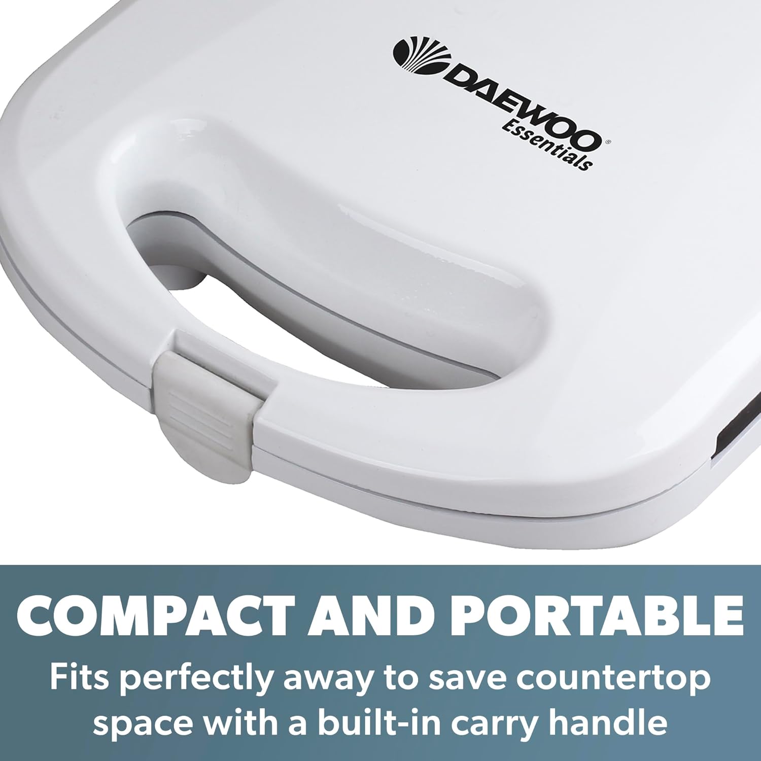 Daewoo Essentials 2 Slice Sandwich Toaster Deep Fill, Non-stick Toasting Plates, Built In Handle With Locking Clip, Indicator Light, Non-slip Feet, Easy To Clean, Portable, Lightweight, Compact, White