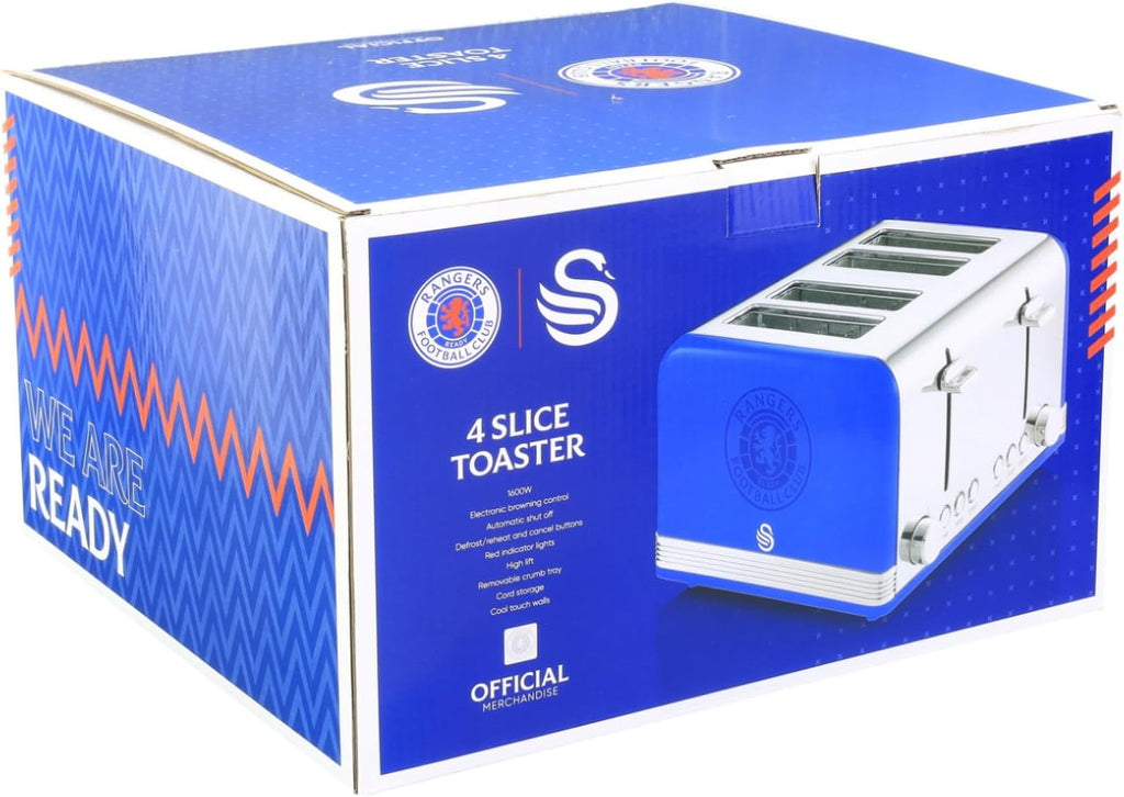 Swan Official Rangers Football Club 4 Slice Retro Toaster, Blue, 1600W, Red Indicator Lights, Defrost and Reheat Settings, Removable Crumb Tray, Cord Storage, Rangers FC Toaster, ST19020RANN