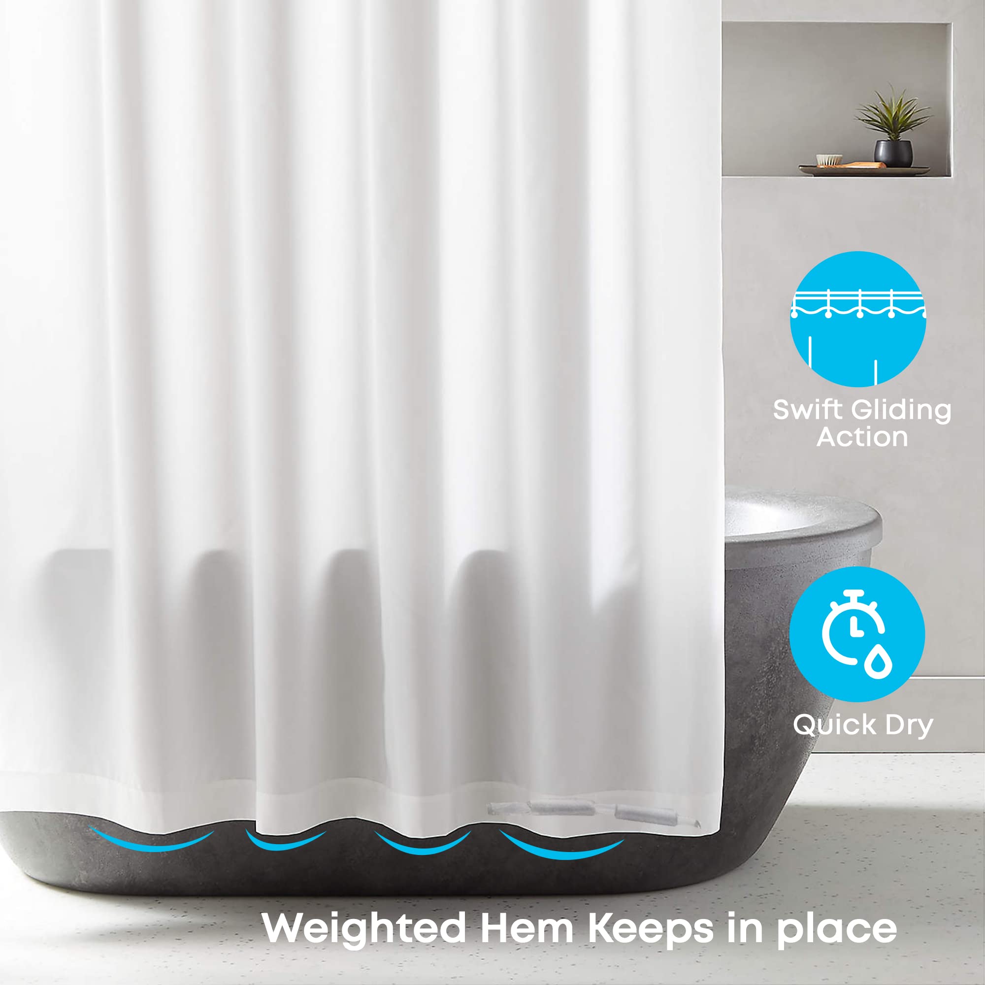 Blue Canyon Extra Long/Wide Shower Curtains | 100% Polyester Shower Curtain | Anti-Bacterial Surface Treatment | Water Repellent| Weighted Hem | 250 X 200cm | 12 Reinforced Eyelets with Hooks (White)