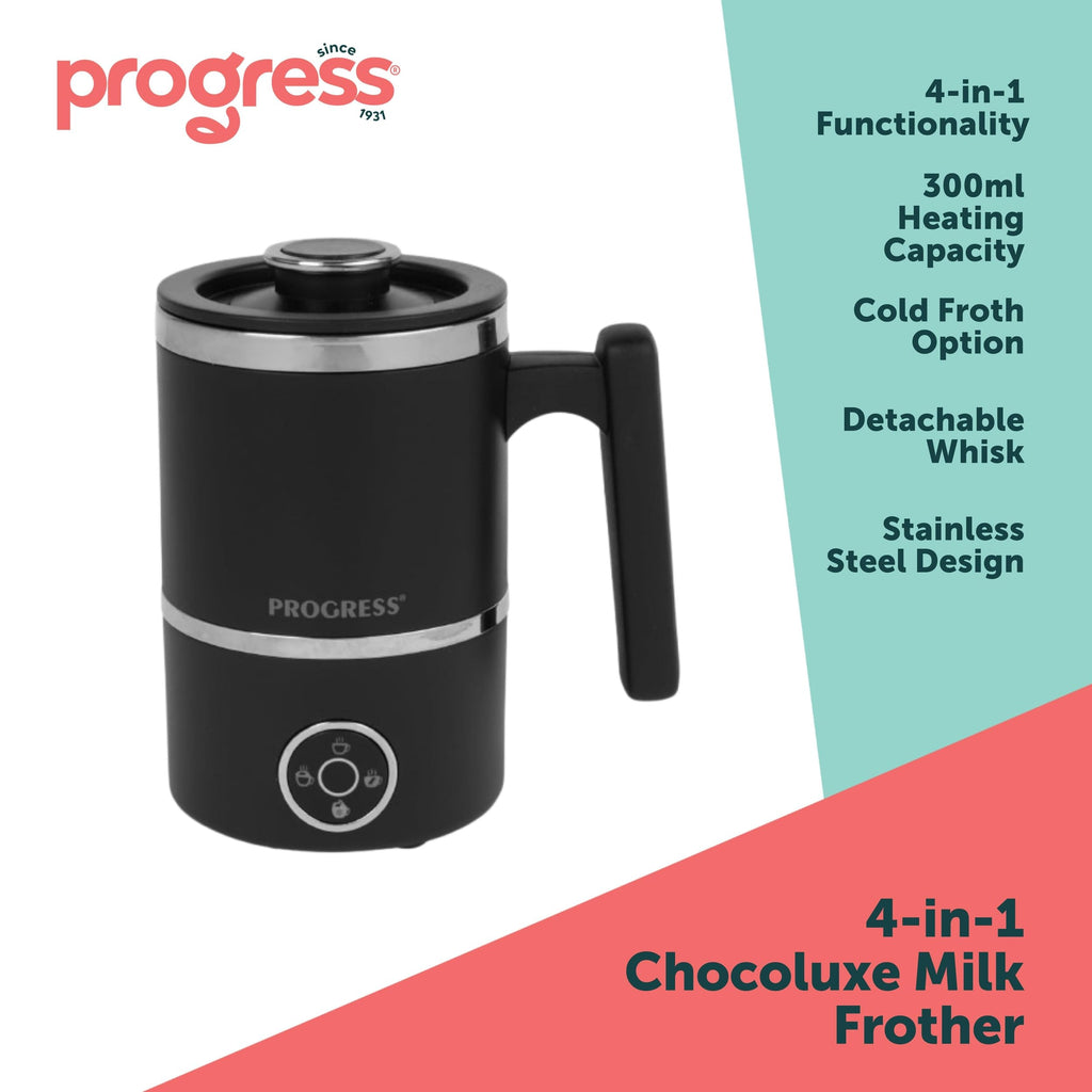 Progress EK5133P Automatic Milk Frother – Chocoluxe 4-in-1 Hot Chocolate Maker, 300ml/150ml, Hot & Cold Milk Heater & Foamer, Melt Chocolate Flakes, Built-in Frothing Whisk for Cafe Latte, Cappuccino