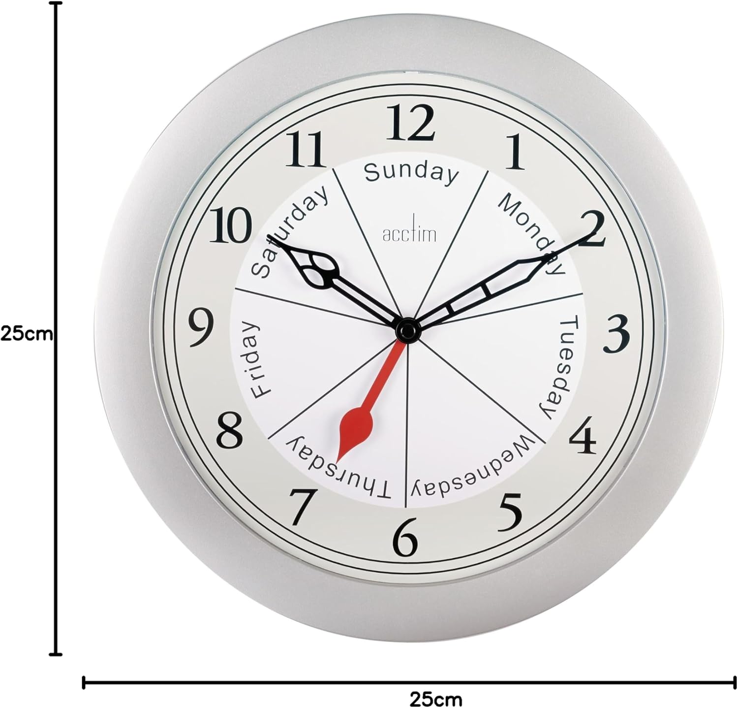 Acctim Velha Wall Clock Quartz Day of the Week Easy Read Silver 25cm