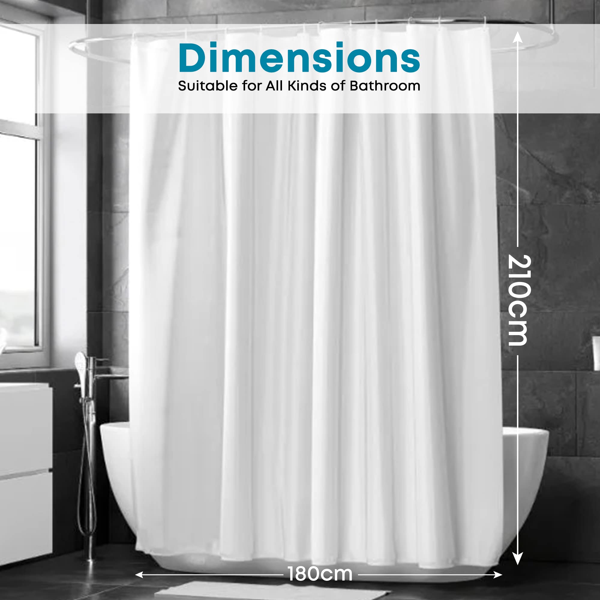 Blue Canyon Extra Long Shower Curtains | 100% Polyester Shower Curtain | Anti-Bacterial Surface Treatment | Water Repellent| Weighted Hem | 180 X 210cm | 12 Reinforced Eyelets with Hooks (White)