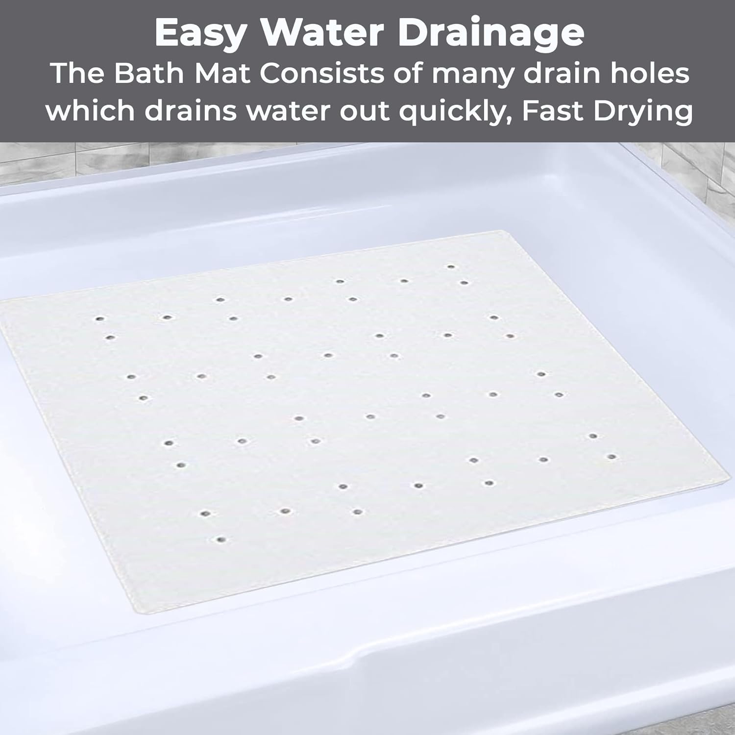 Blue Canyon Nonslip Antibacterial Rubber Shower Mats, Quick Dry Bathmat for Shower with Suction Pads & Drain Holes, Mould Resistant Bathroom Accessory, Durable Bath Rug Runner 53x53 cm – White