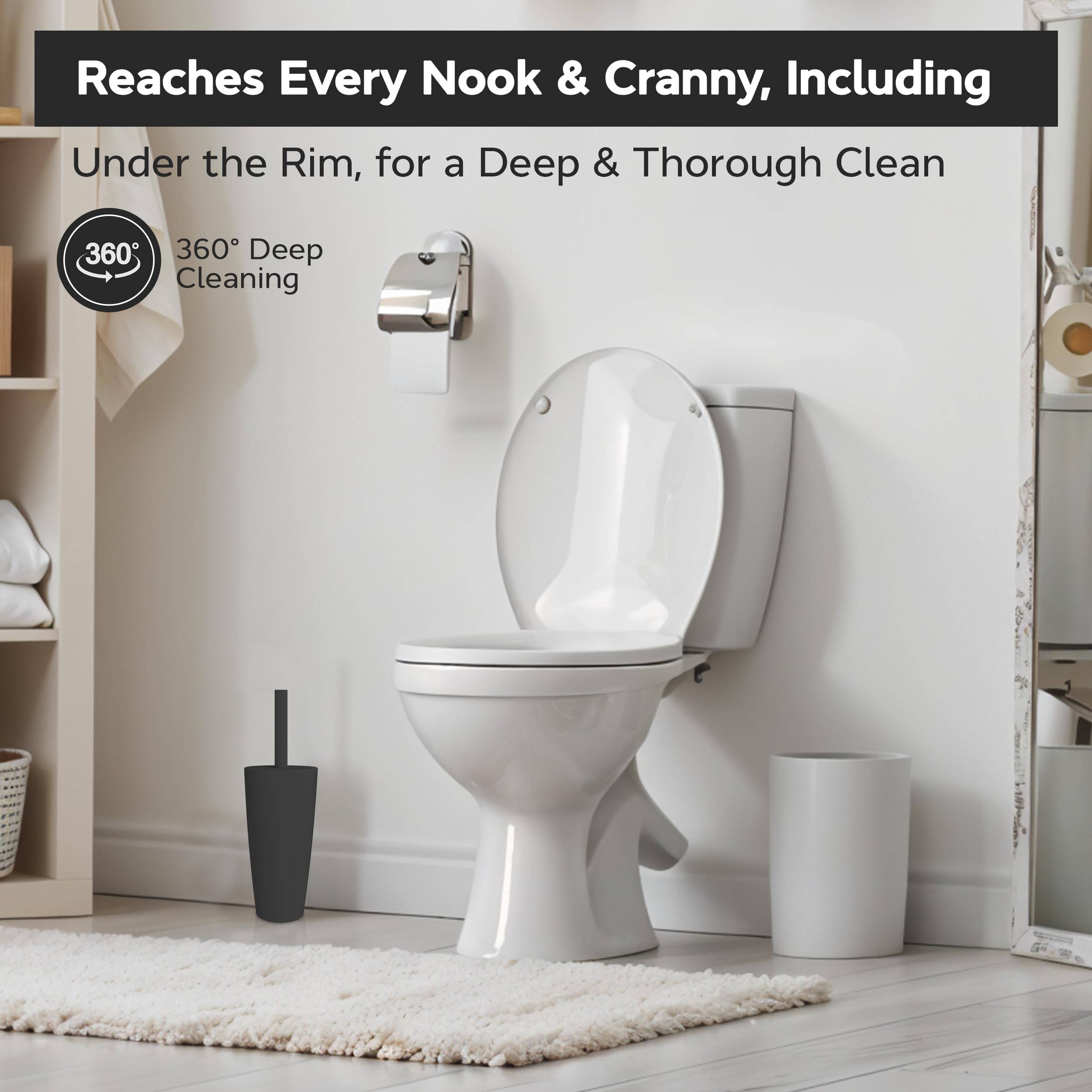 Blue Canyon Boda Toilet Brush & Holder, Plastic Brush for Toilet, Brush for Deep Cleaning, Flexible Bristles, Long Lasting Material, 360°, Odour Free Holder, Cleaner for Bathroom & Office, Grey