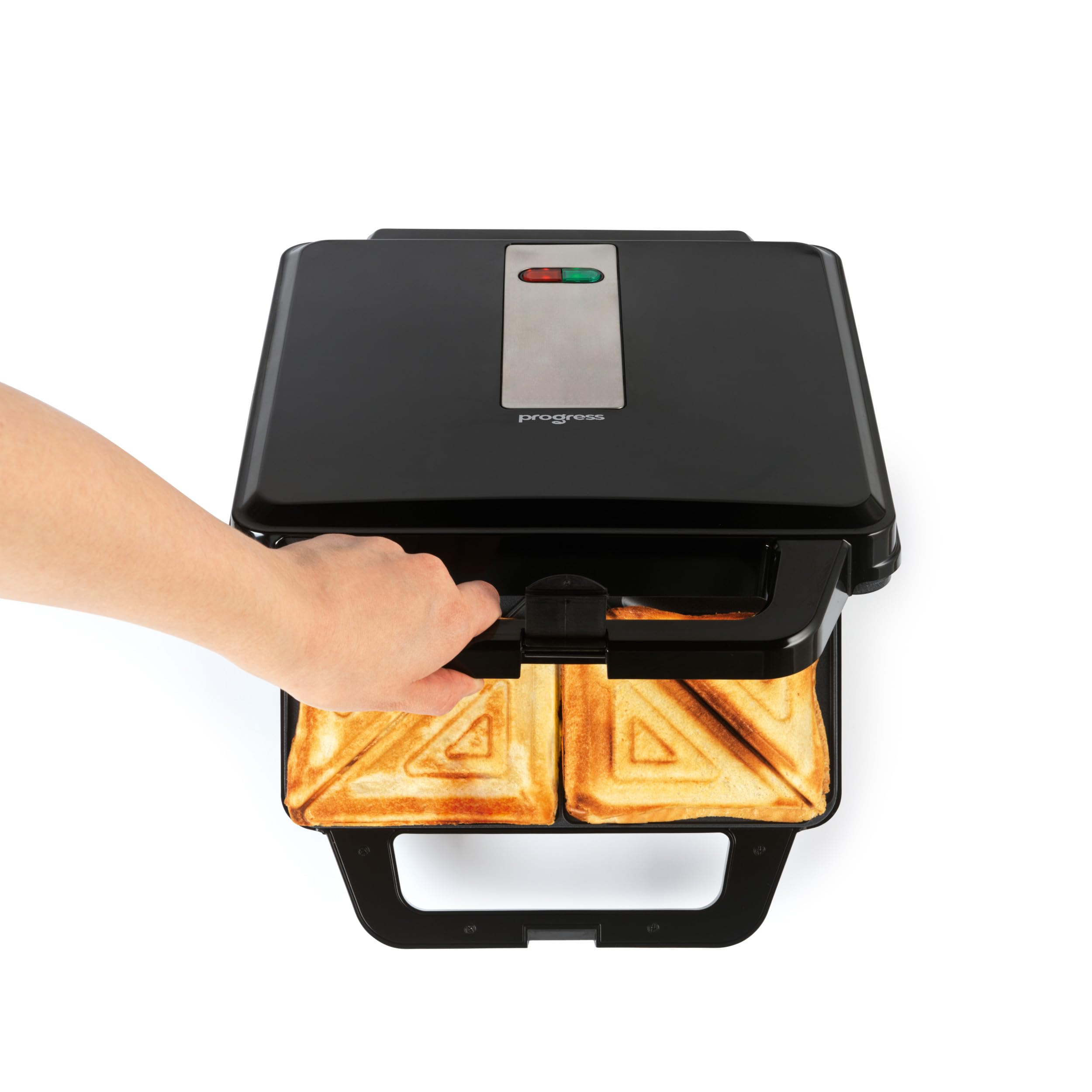 Progress EK5852P Double Waffle Maker – Electric Dessert Maker, Non-Stick Cooking Plates, Belgian/American Waffle Iron, Automatic Temperature Control, Carry Handle, Power/Ready Indicator Lights, 750W