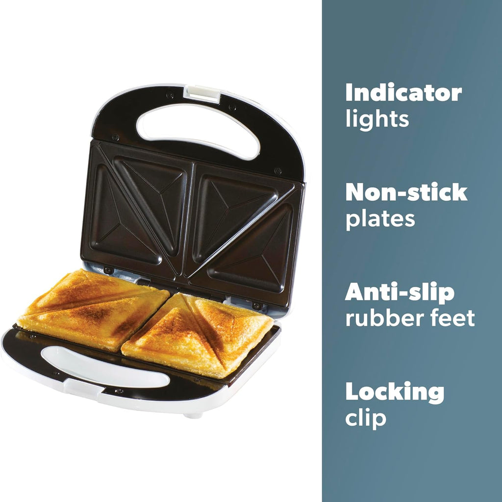 Daewoo Essentials 2 Slice Sandwich Toaster Deep Fill, Non-stick Toasting Plates, Built In Handle With Locking Clip, Indicator Light, Non-slip Feet, Easy To Clean, Portable, Lightweight, Compact, White