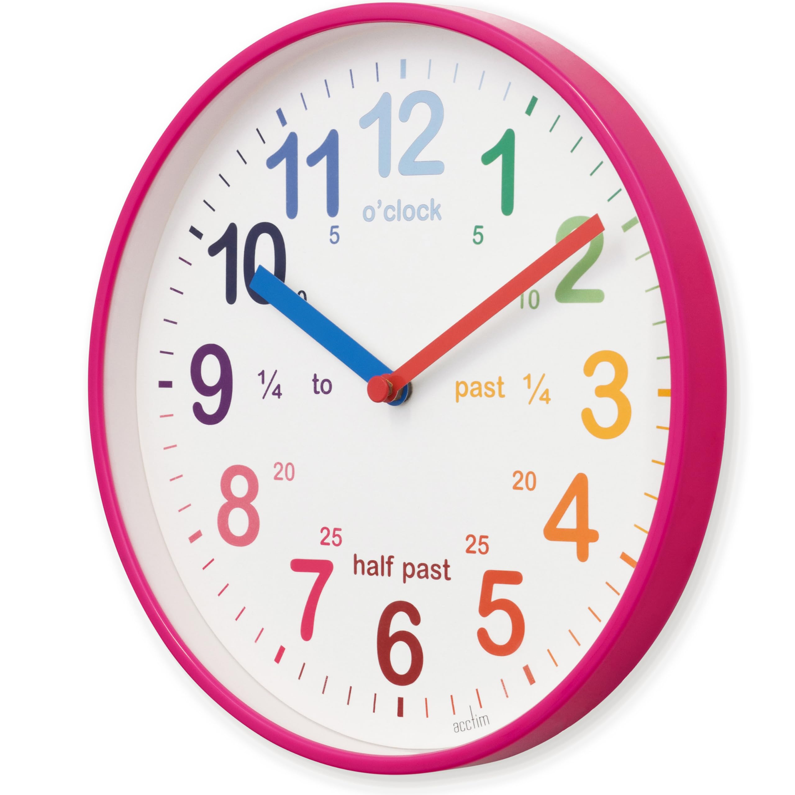 Acctim Wickford Kids Teaching Wall Clock Quartz Rainbow Dial Quarter Markers Pink 20cm 22520