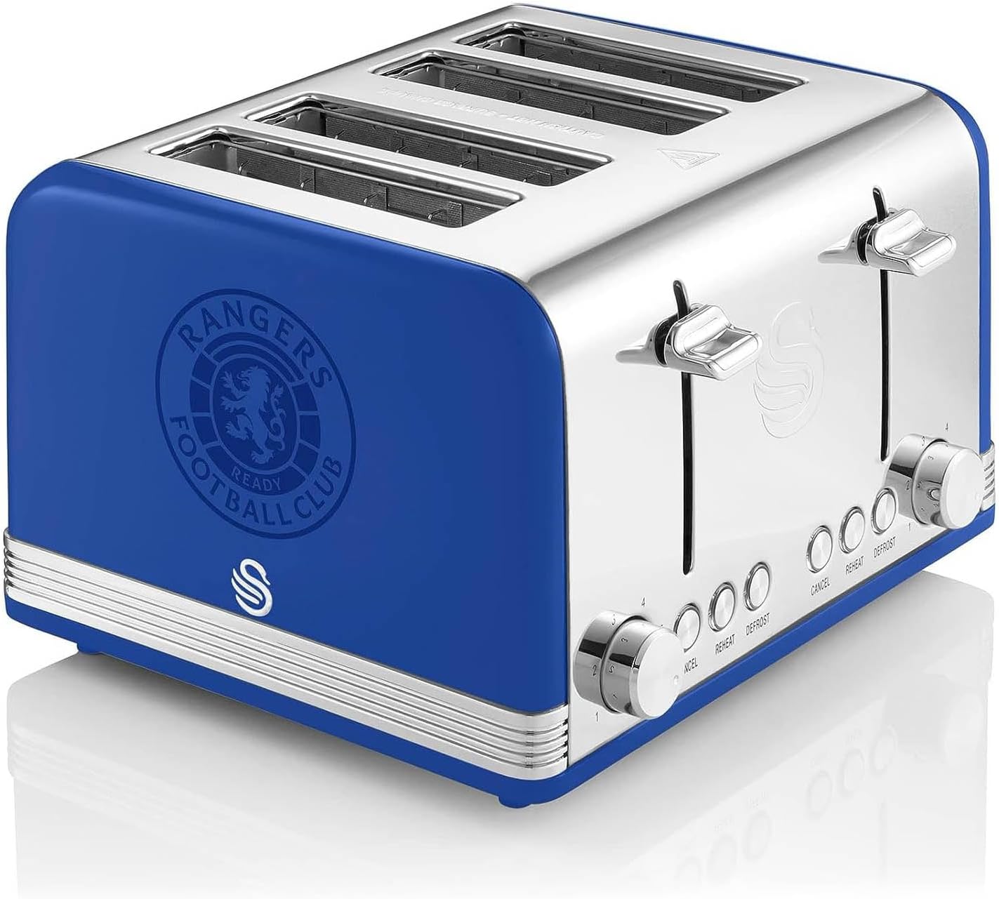 Swan Official Rangers Football Club 4 Slice Retro Toaster, Blue, 1600W, Red Indicator Lights, Defrost and Reheat Settings, Removable Crumb Tray, Cord Storage, Rangers FC Toaster, ST19020RANN