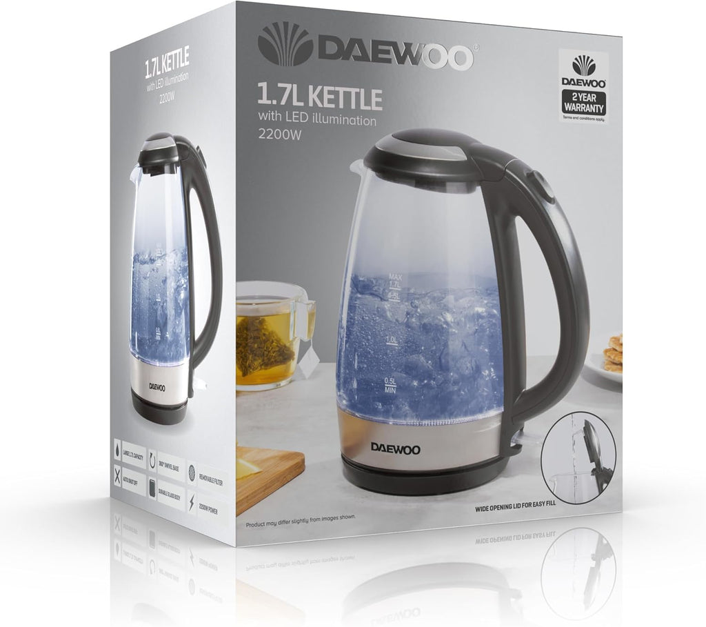 Daewoo 1.7L Glass Kettle, Fast Boil, 2200W Electric Kettle with LED Light, Auto Shut-Off, Boil-Dry Protection, 360° Base, Clear Design