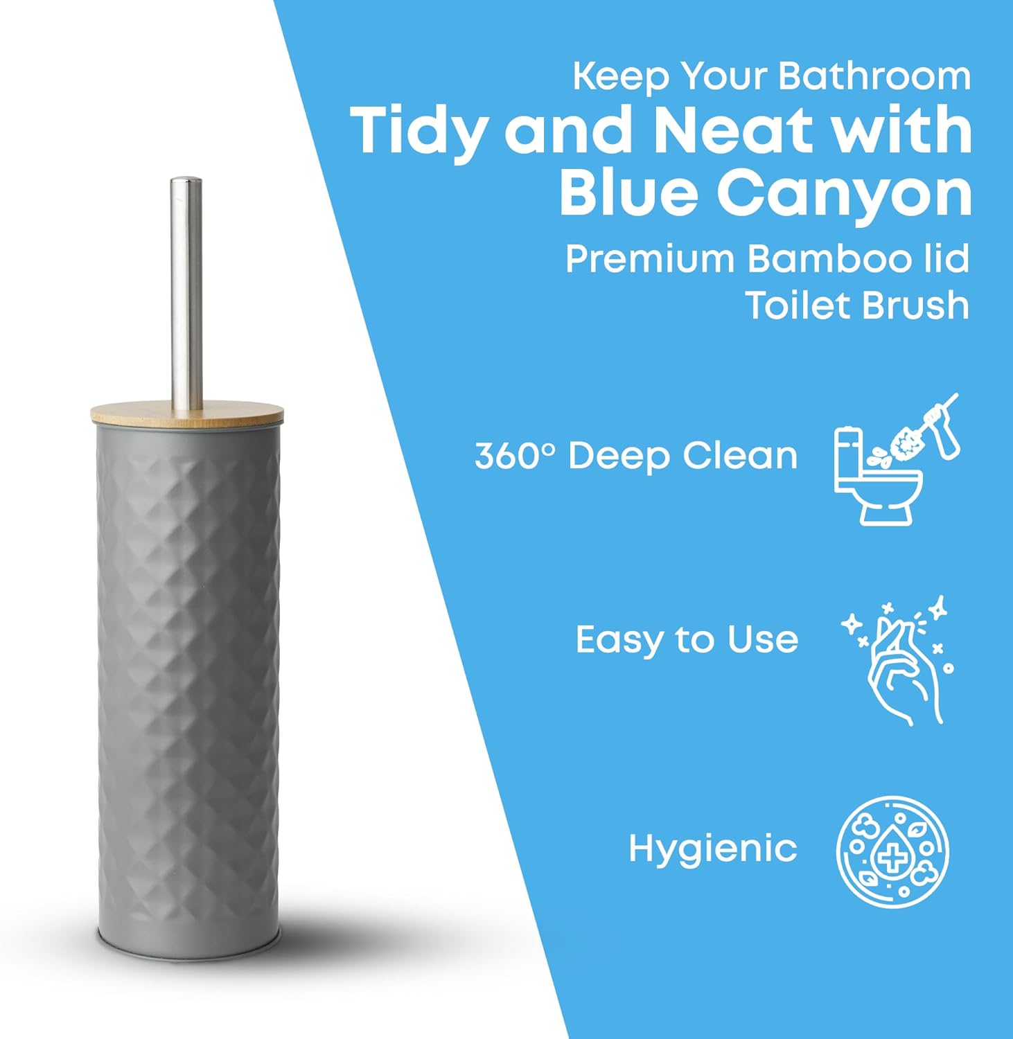 Blue Canyon Toilet Brush & Holder with Bamboo Lid for Bathroom, Flexible Toilet Bowl Stainless Steel Brush Head for Deep Cleaning, Compact Size, Elegant Design with Holder, Grey