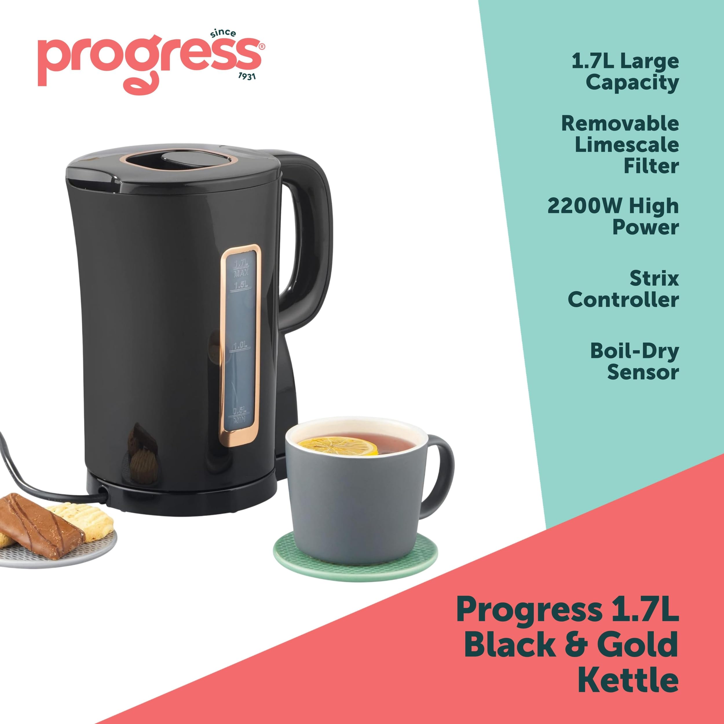 Progress EK5036P Jug Kettle – 1.7L Capacity Electric Kettle With Flip Top Lid & Removable Limescale Filter, Indicator Light, Strix Controller, Boil-Dry Sensor, Automatic Shut-Off, Black & Gold, 2200W