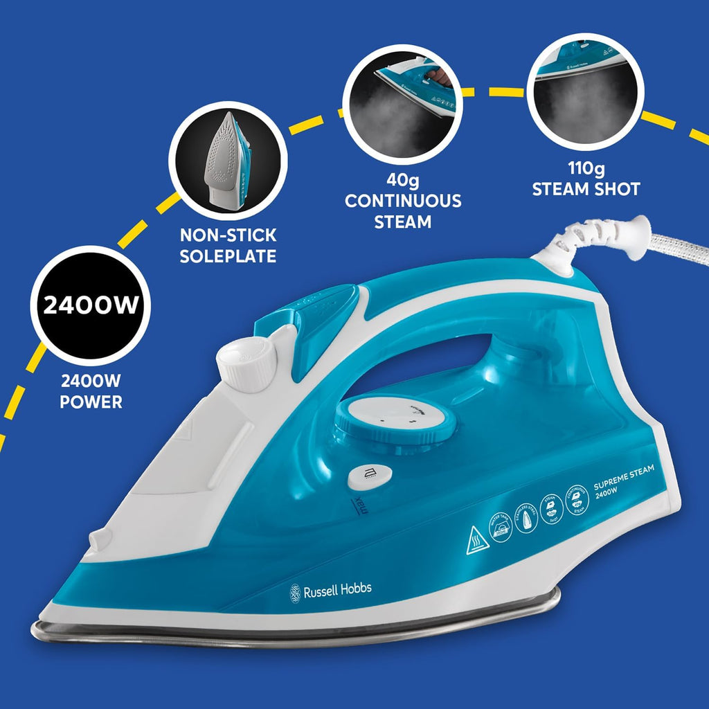 Russell Hobbs Supreme Steam Iron, Powerful Vertical steam Function, Non-Stick Stainless Steel Soleplate, Easy Fill 300ml Water Tank, 110g Steam Shot, 40g Continuous steam, 2m Cord, 2400W, 23061
