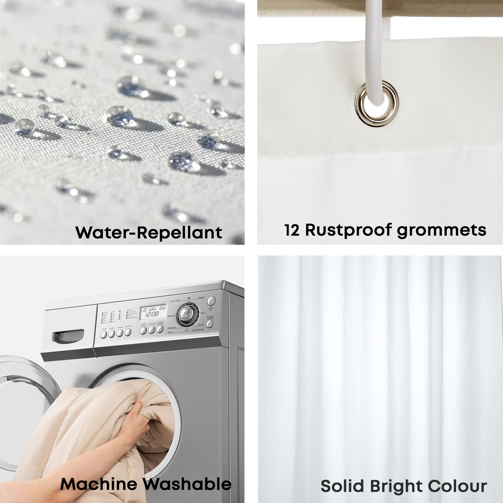 Blue Canyon Extra Long Shower Curtains | 100% Polyester Shower Curtain | Anti-Bacterial Surface Treatment | Water Repellent| Weighted Hem | 180 X 210cm | 12 Reinforced Eyelets with Hooks (White)