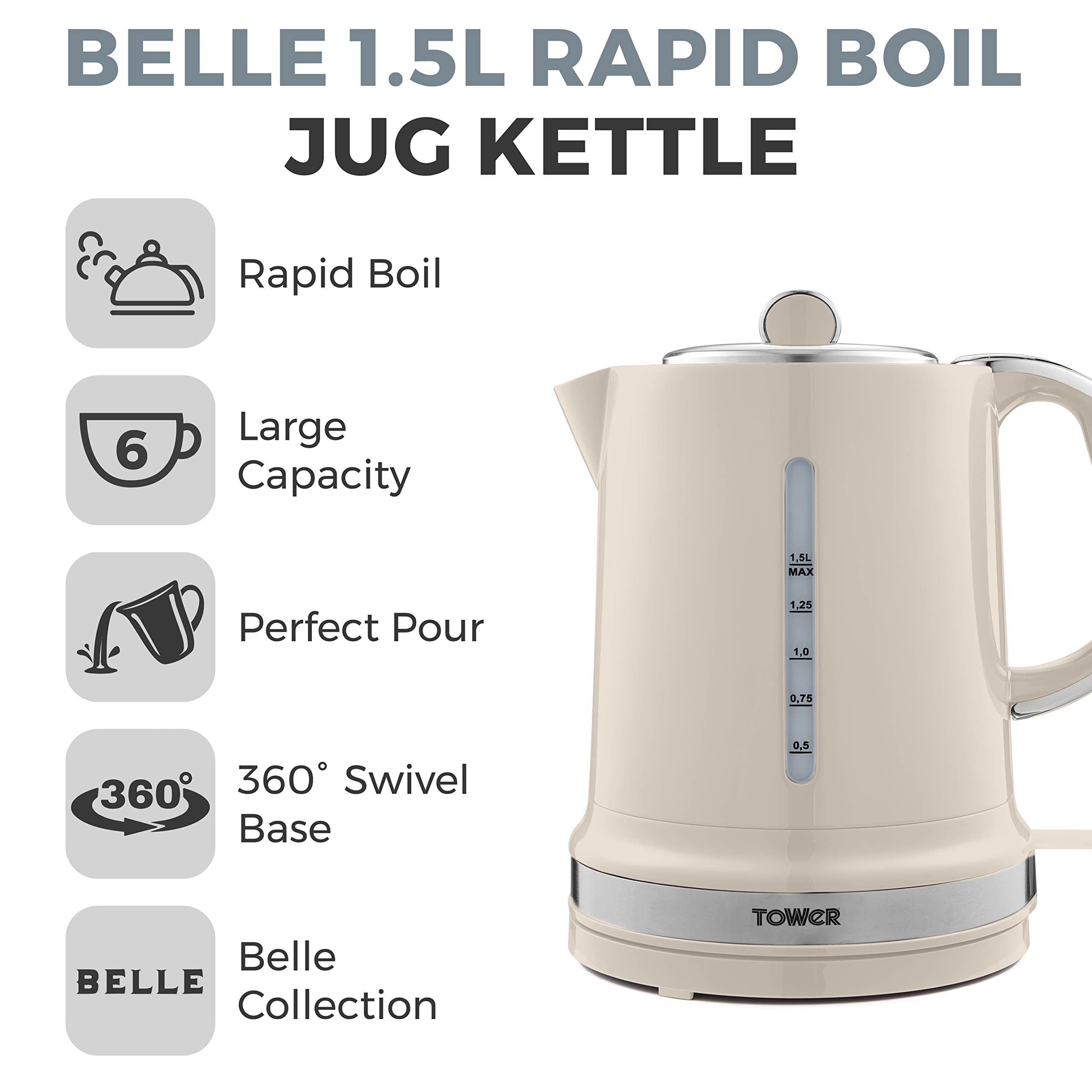 Tower T10049GRP Belle Jug Kettle with Rapid Boil, 1.5L, 3000W, Graphite