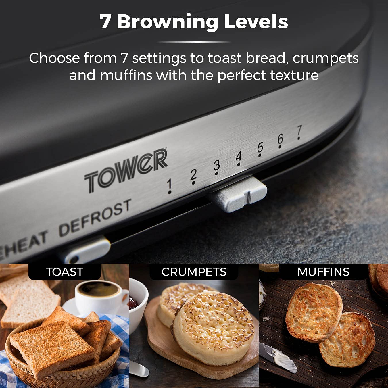 Tower T20043GRP Belle 2-Slice Toaster with 7 Browning Settings, Defrost/Reheat/Cancel, 800 W, Graphite