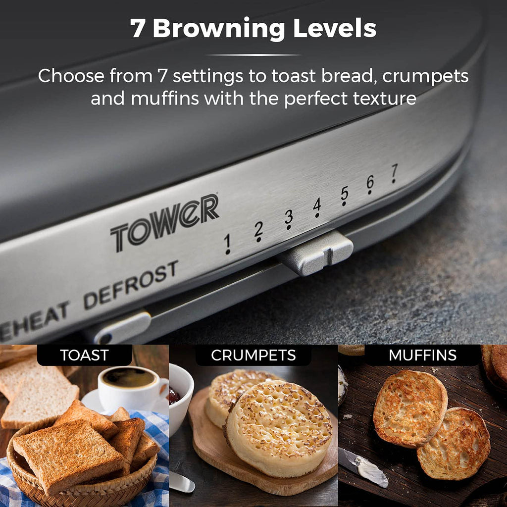 Tower T20043GRP Belle 2-Slice Toaster with 7 Browning Settings, Defrost/Reheat/Cancel, 800 W, Graphite