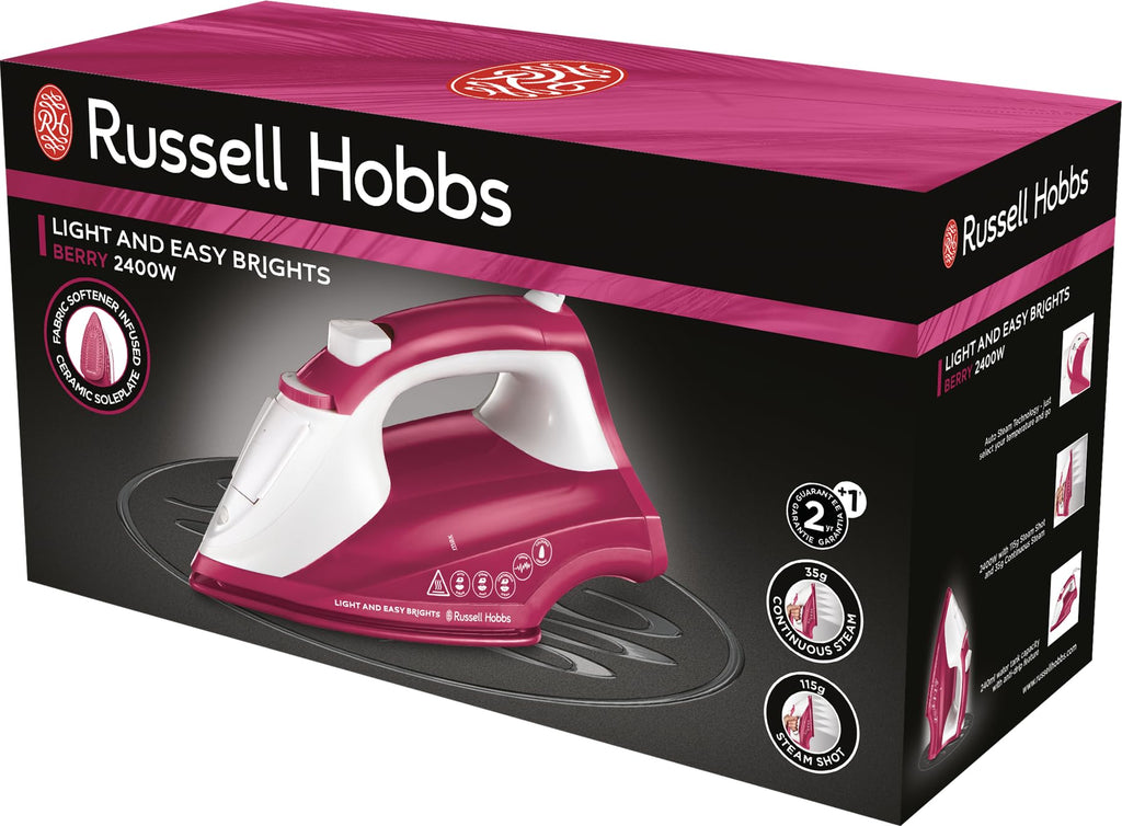 Russell Hobbs Light & Easy Brights Berry Steam Iron, Fabric Softening Infused Ceramic Soleplate. 2x smoother glide, 2x durability, 240ml Water Tank, 115g Steam Shot, 35g Continuous Steam, 2400W, 26480