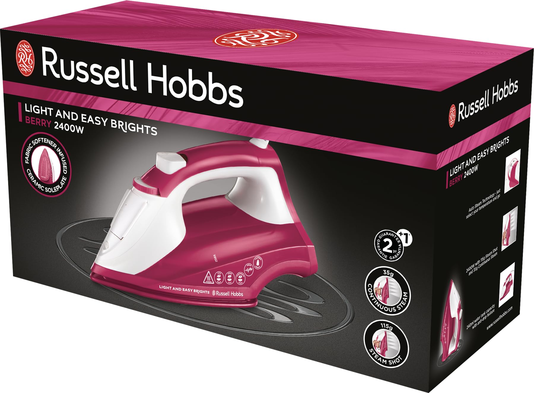Russell Hobbs Light & Easy Brights Berry Steam Iron, Fabric Softening Infused Ceramic Soleplate. 2x smoother glide, 2x durability, 240ml Water Tank, 115g Steam Shot, 35g Continuous Steam, 2400W, 26480