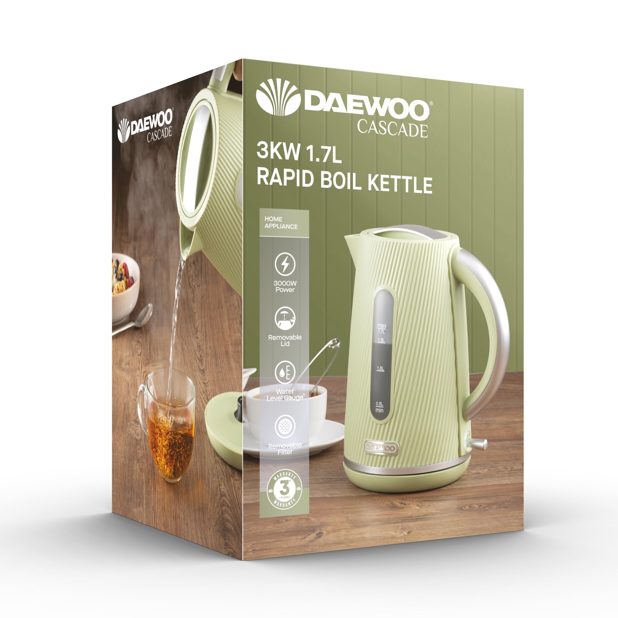 Daewoo Cascade 1.7L Electric Kettle – 3KW Fast Boil, Limescale Filter, Auto Shut-Off, Textured Ruby Finish, Cordless 360° Base, Quiet Boil Technology