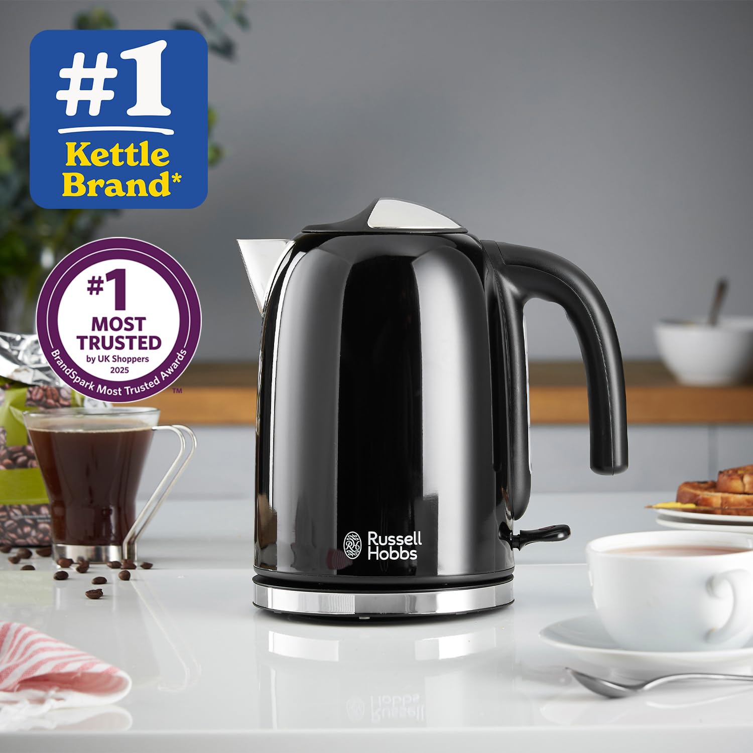 Russell Hobbs Black Stainless Steel 1.7L Cordless Electric Kettle with Black Handle (Fast Boil 3KW, Removable Washable Anti-Scale Filter, Pull to Open hinged lid, Perfect Pour spout) 20413