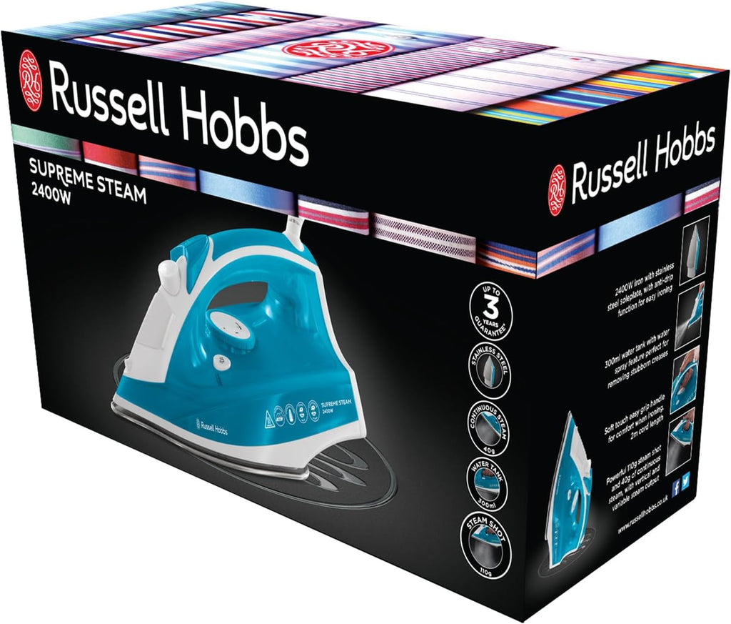 Russell Hobbs Supreme Steam Iron, Powerful Vertical steam Function, Non-Stick Stainless Steel Soleplate, Easy Fill 300ml Water Tank, 110g Steam Shot, 40g Continuous steam, 2m Cord, 2400W, 23061