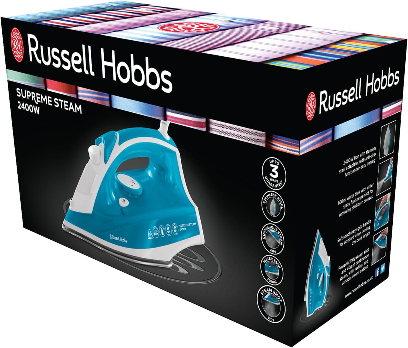 Russell Hobbs Supreme Steam Iron, Powerful Vertical steam Function, Non-Stick Stainless Steel Soleplate, Easy Fill 300ml Water Tank, 110g Steam Shot, 40g Continuous steam, 2m Cord, 2400W, 23061