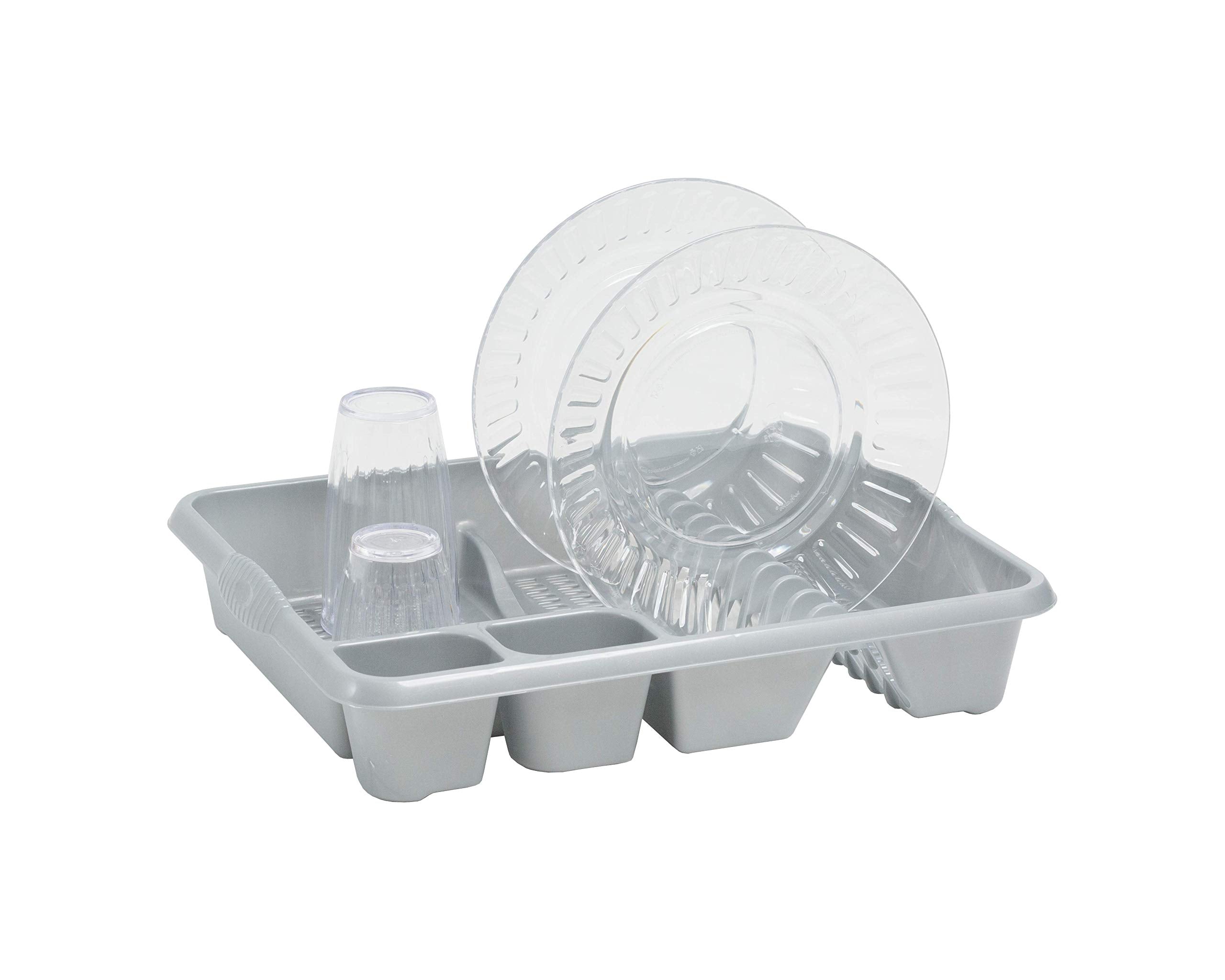 Casa Large Dish Drainer (46 x 38 x 9 cm) Dish Drying Rack Kitchen Dish Drainer Cup Holder Strong Plastic Sink Cutlery Drainer Utensil Draining - (Light Grey), 1 Set
