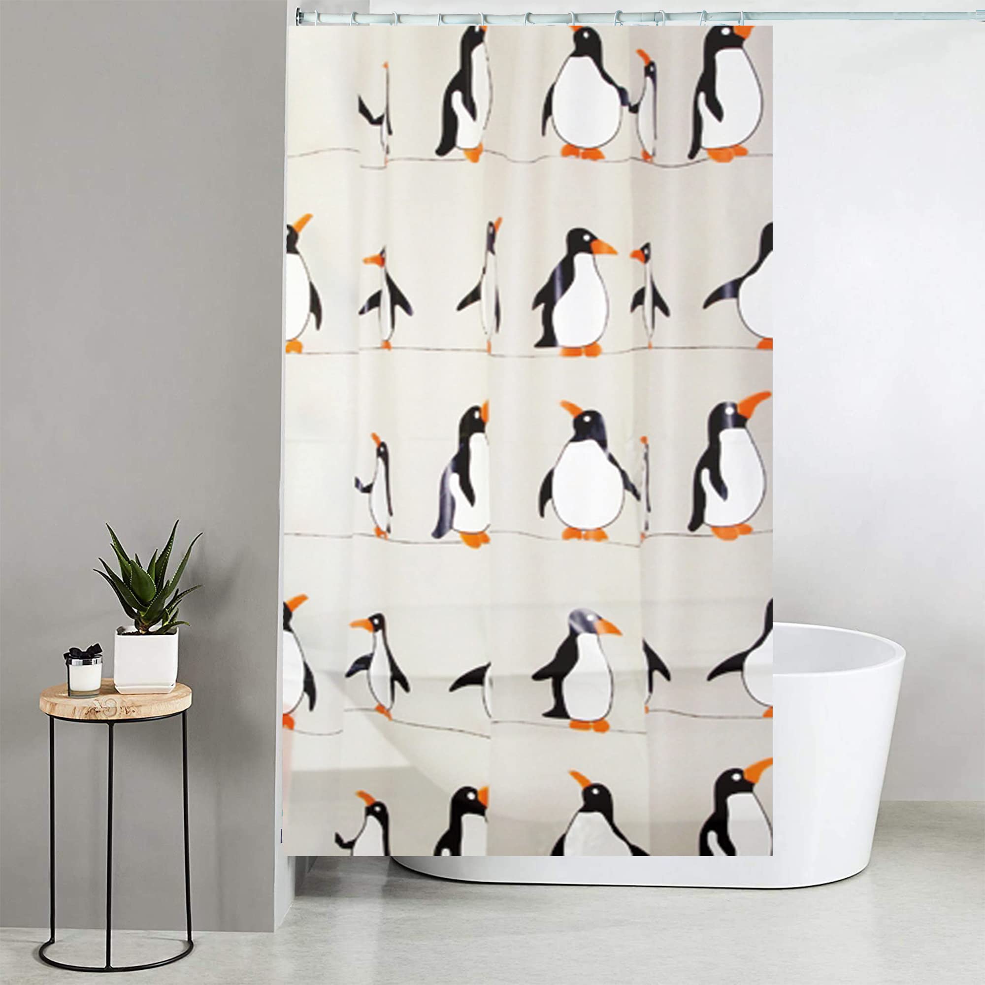 Blue Canyon Penguin Printed Shower Curtains | 100% Peva Shower Curtain | Anti-Bacterial Surface Treatment | Water Repellent| Weighted Hem | 180 X 180cm | 12 Reinforced Eyelets with Hooks (Penguin)