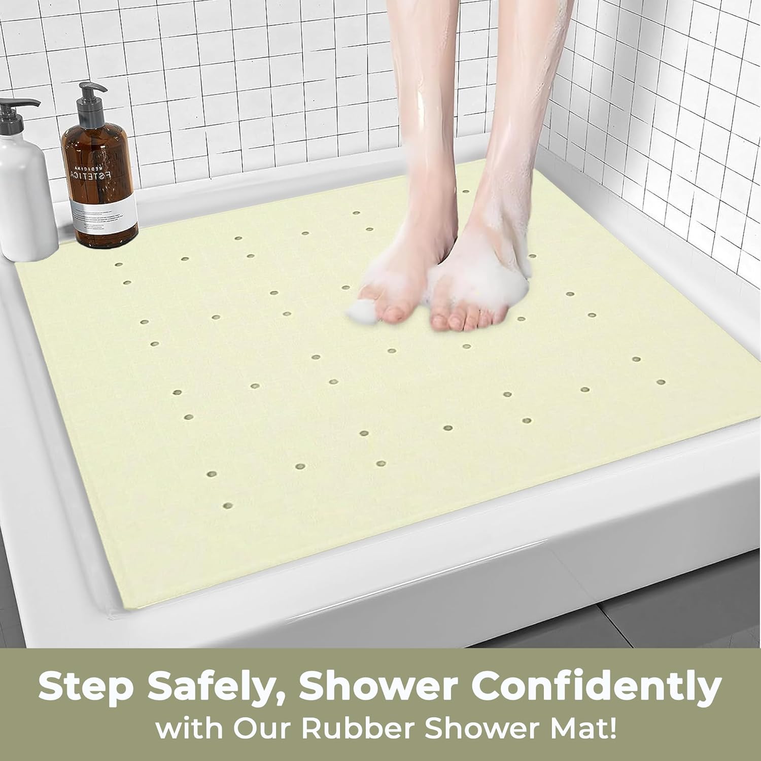 Blue Canyon Nonslip Antibacterial Rubber Shower Mats, Quick Dry Bathmat for Shower with Suction Pads & Drain Holes, Mould Resistant Bathroom Accessory, Durable Bath Rug Runner 53x53 cm – Cream