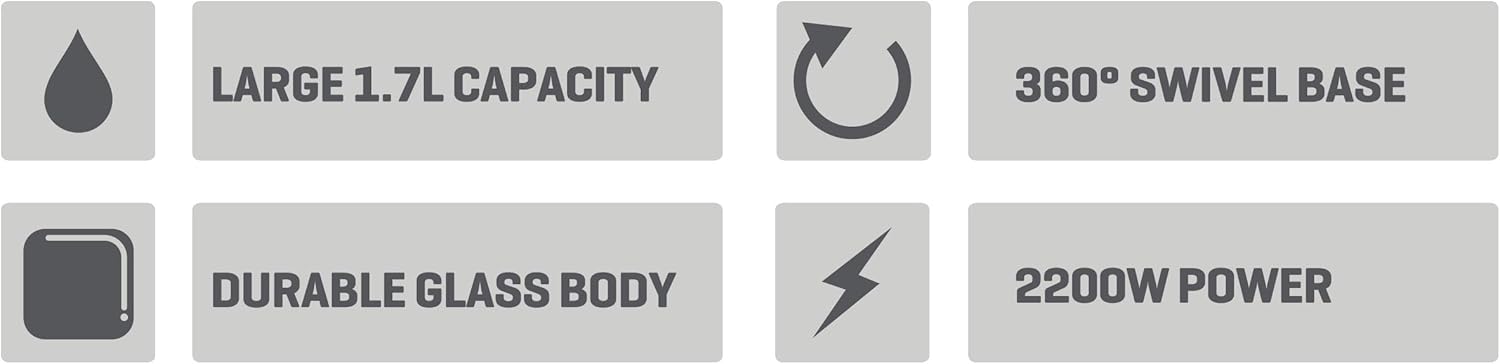 Daewoo 1.7L Glass Kettle, Fast Boil, 2200W Electric Kettle with LED Light, Auto Shut-Off, Boil-Dry Protection, 360° Base, Clear Design