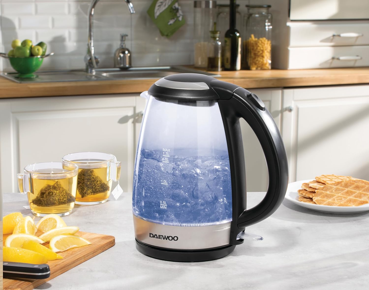 Daewoo 1.7L Glass Kettle, Fast Boil, 2200W Electric Kettle with LED Light, Auto Shut-Off, Boil-Dry Protection, 360° Base, Clear Design