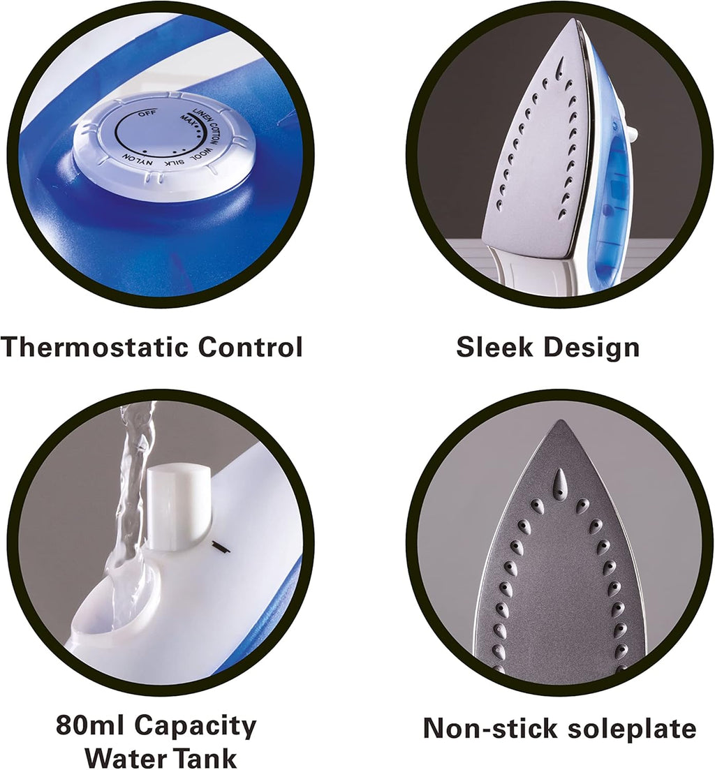 FINE ELEMENTS 1800W Steam Iron, Non Stick Soleplate, Thermostatic Control and 80ml Water Tank Capacity, Dry and Stream Functions