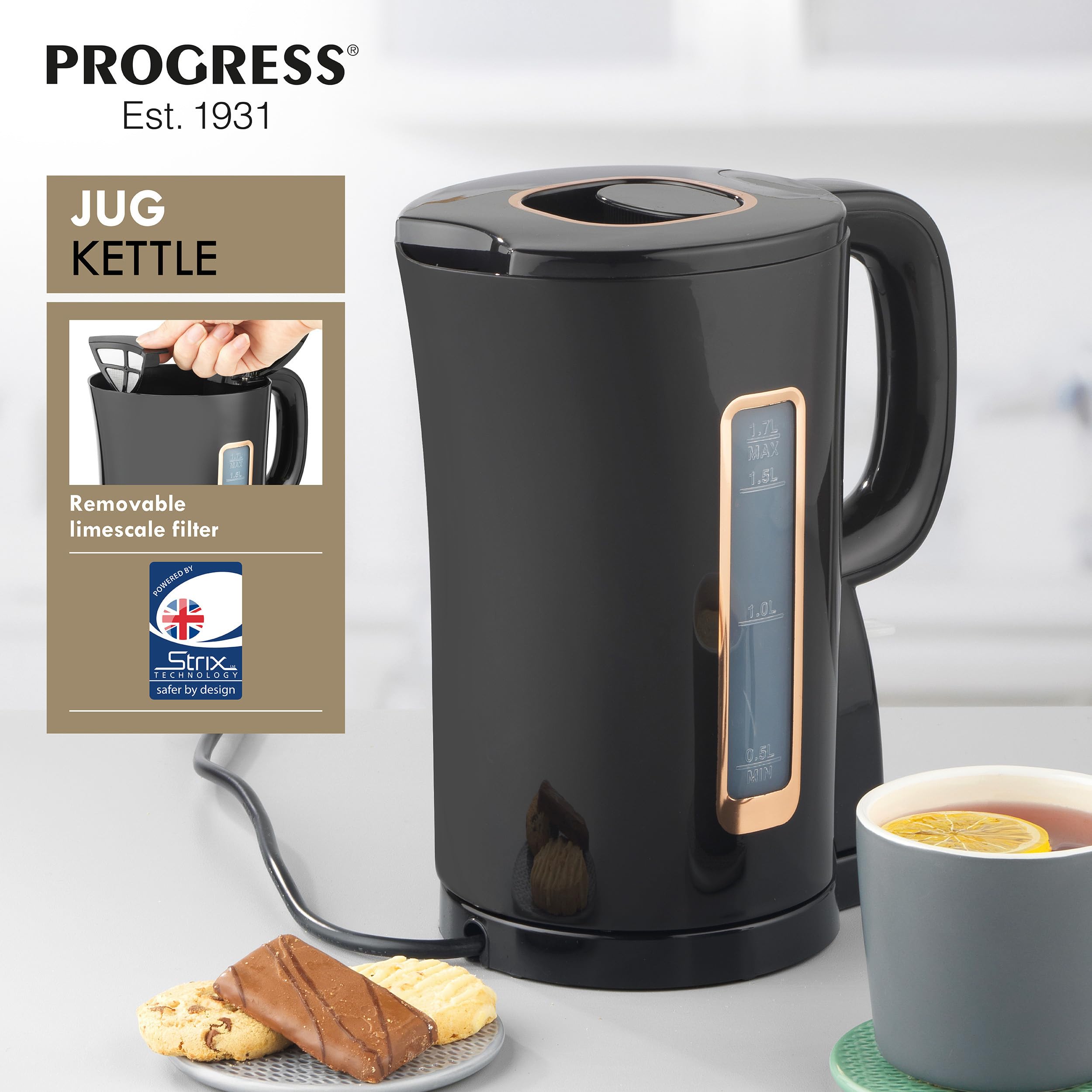 Progress EK5036P Jug Kettle – 1.7L Capacity Electric Kettle With Flip Top Lid & Removable Limescale Filter, Indicator Light, Strix Controller, Boil-Dry Sensor, Automatic Shut-Off, Black & Gold, 2200W