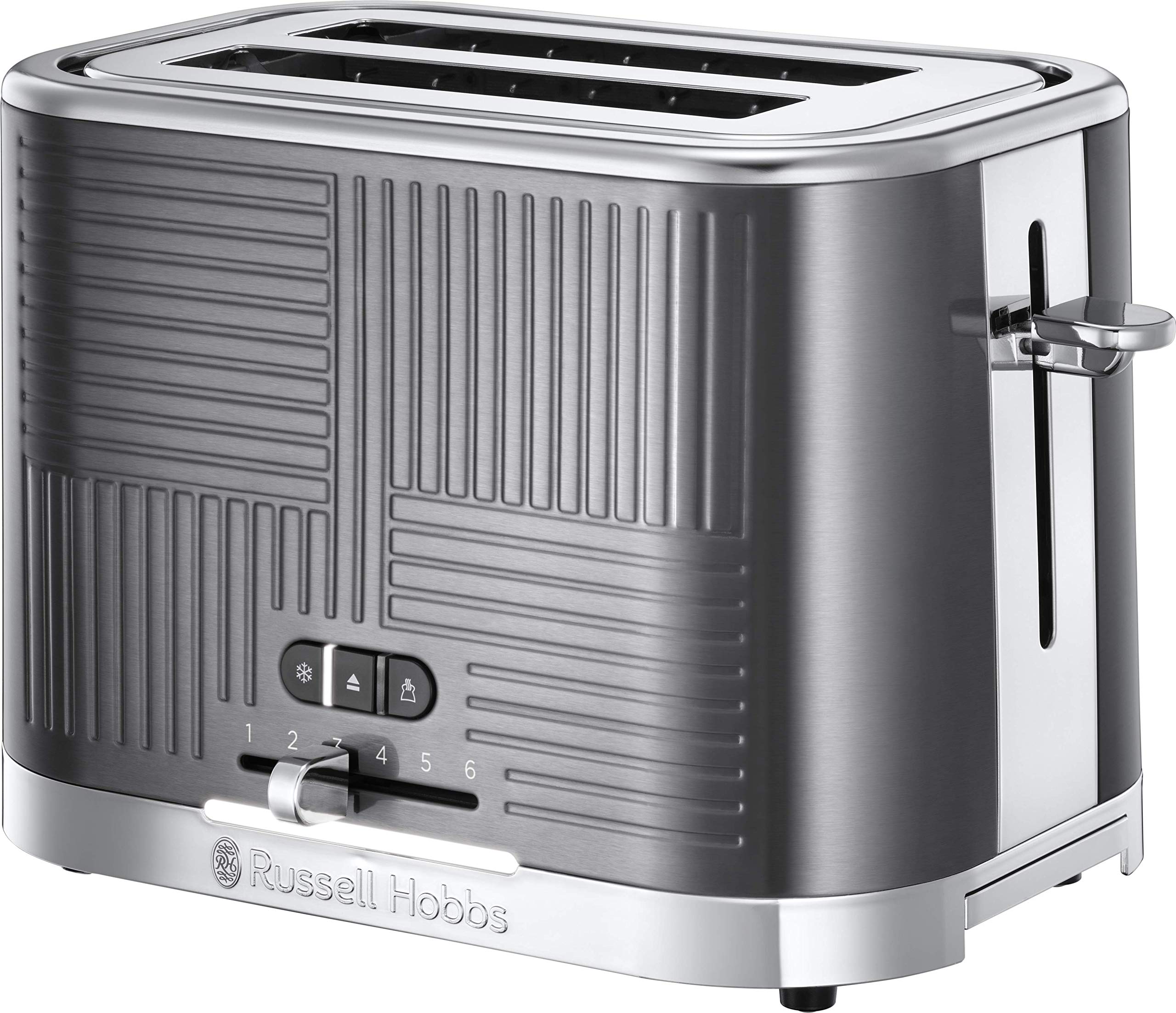 Russell Hobbs 25250 Geo Steel 2 Slice Wide Slot Toaster - Contemporary Design with Faster Toasting Technology, Textured Stainless Steel, Silver