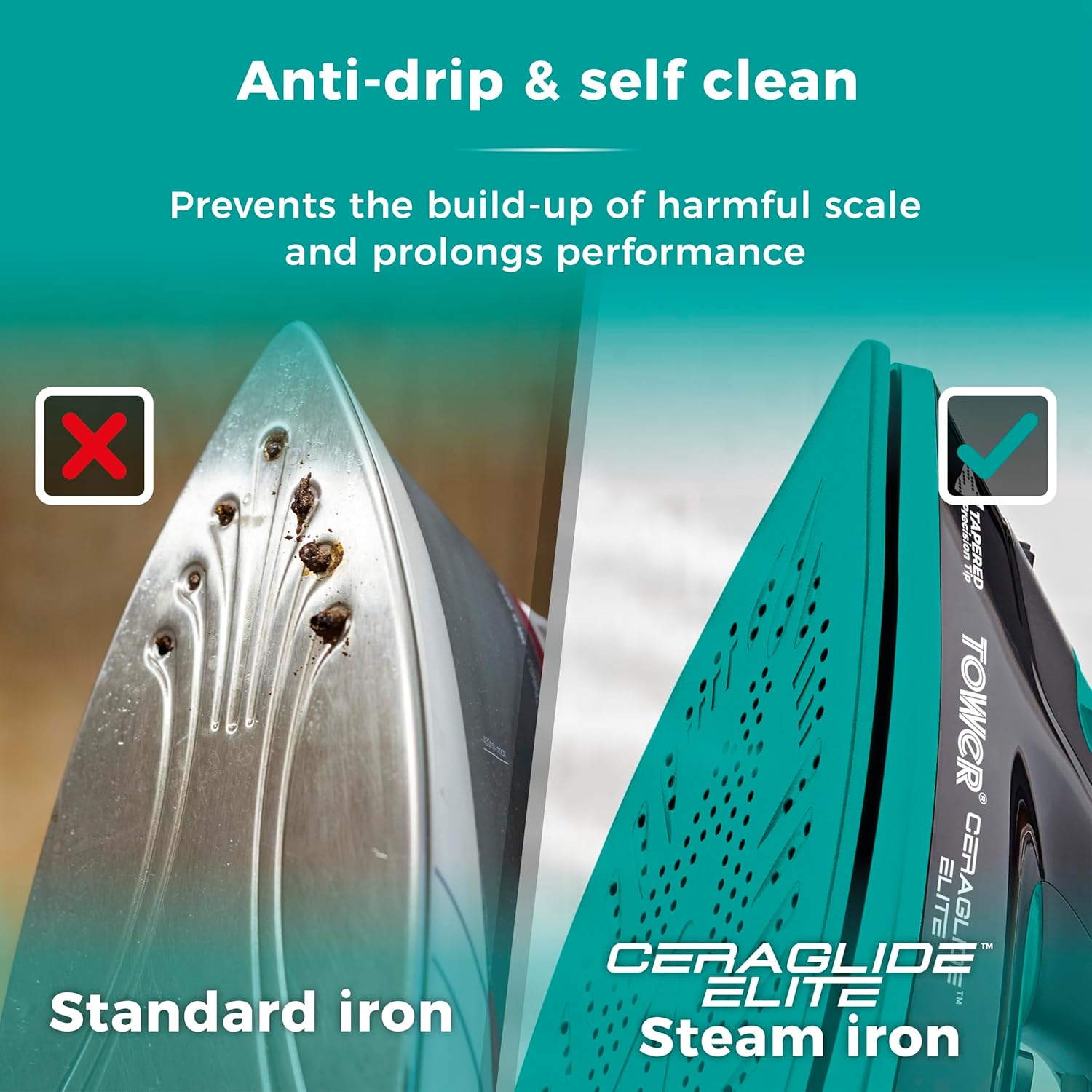 Tower T22021TL Ceraglide Steam Iron with Fast Heat-up, Long Power Cord, 3100W, Black and Teal