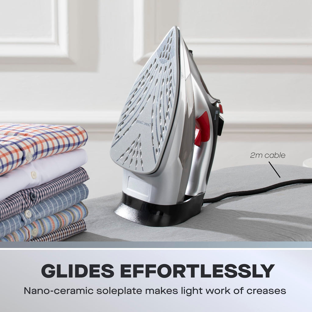 Daewoo Glide Iron, The Ultra Glide, 2600W Steam Iron With Ceramic Soleplate, High Burst Steam And Precision Tip With An Adjustable Temperature Dial And Self Clean Function, Red And Black