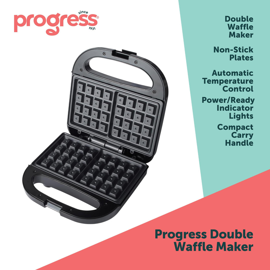 Progress EK5852P Double Waffle Maker – Electric Dessert Maker, Non-Stick Cooking Plates, Belgian/American Waffle Iron, Automatic Temperature Control, Carry Handle, Power/Ready Indicator Lights, 750W
