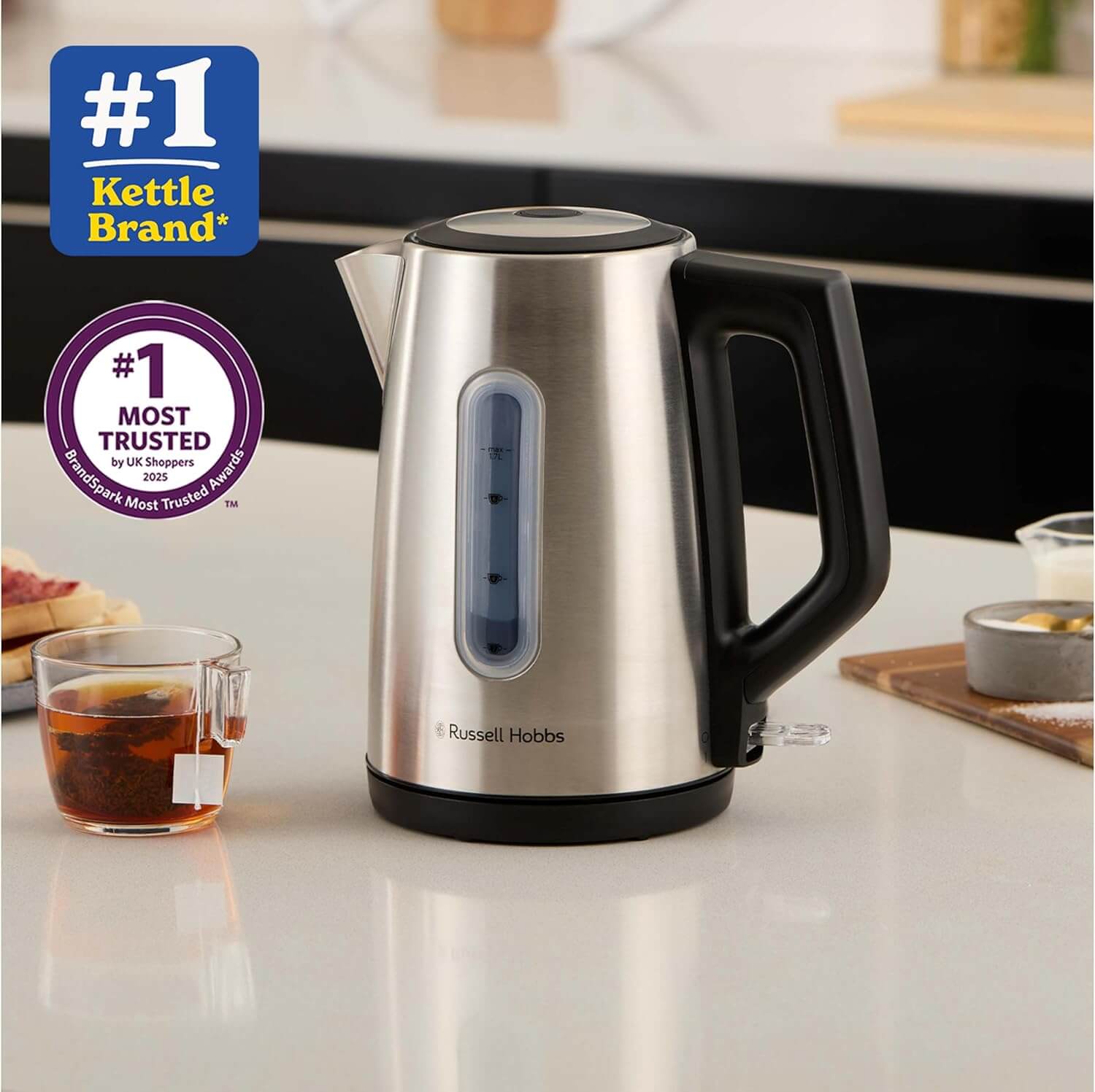 Russell Hobbs Electric Kettle (For Hot Water, Tea or Coffee, 1.7L Capacity, Stainless Steel, Push to open lid, Perfect pour spout, Removable washable filter, Blue illumination, 3000W) Classics 27380