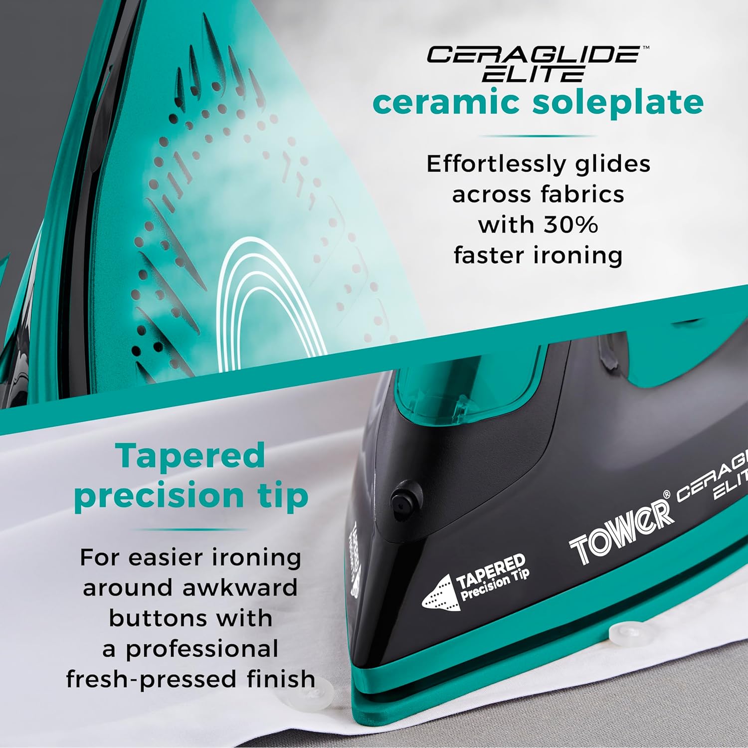 Tower T22021TL Ceraglide Steam Iron with Fast Heat-up, Long Power Cord, 3100W, Black and Teal