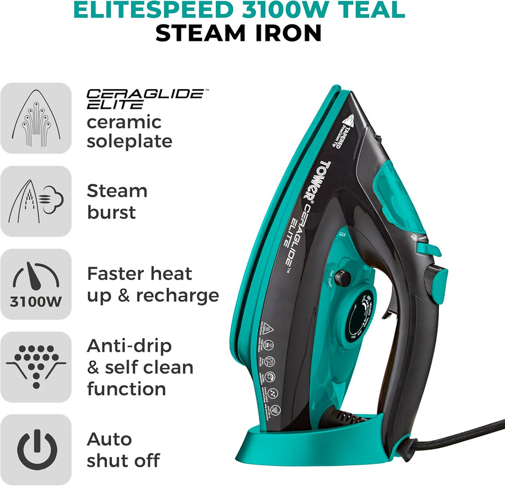 Tower T22021TL Ceraglide Steam Iron with Fast Heat-up, Long Power Cord, 3100W, Black and Teal