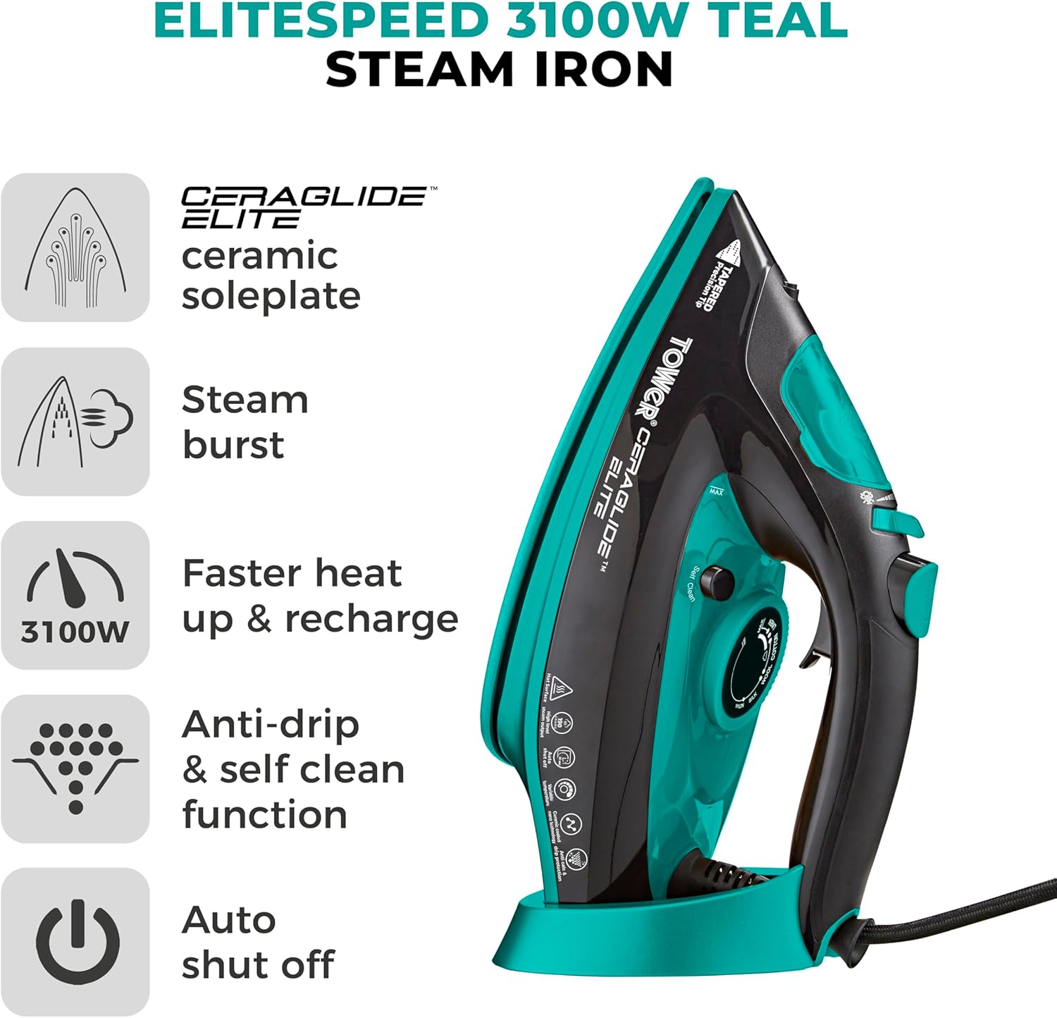 Tower T22021TL Ceraglide Steam Iron with Fast Heat-up, Long Power Cord, 3100W, Black and Teal