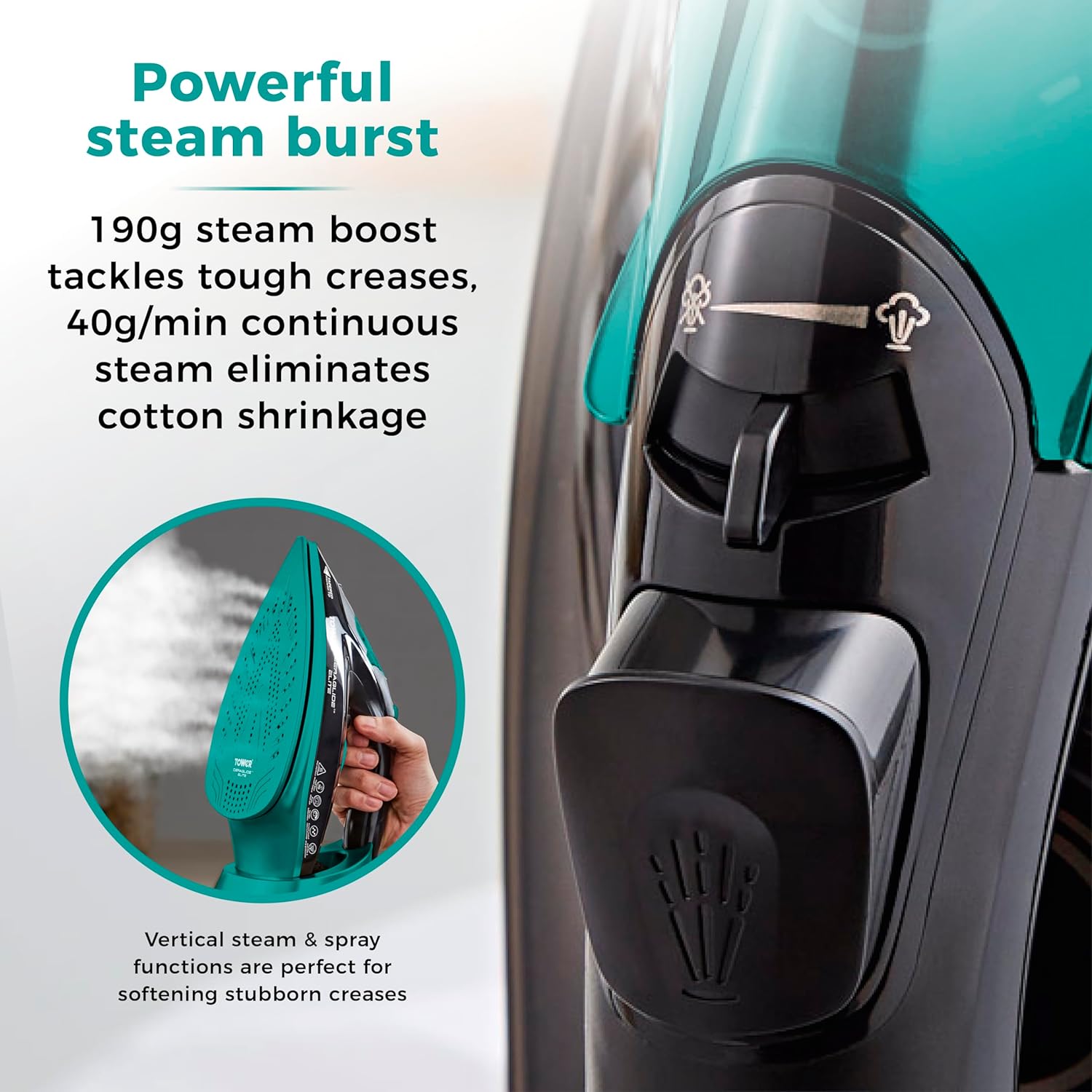 Tower T22021TL Ceraglide Steam Iron with Fast Heat-up, Long Power Cord, 3100W, Black and Teal